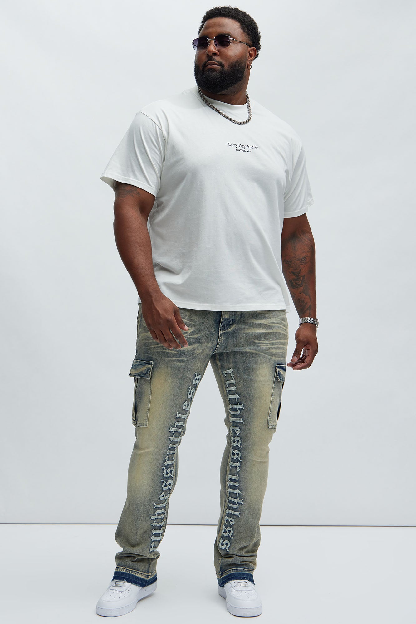Ruthless Embroidered Stacked Skinny Cargo Flare Jeans - Medium Wash - Image 7