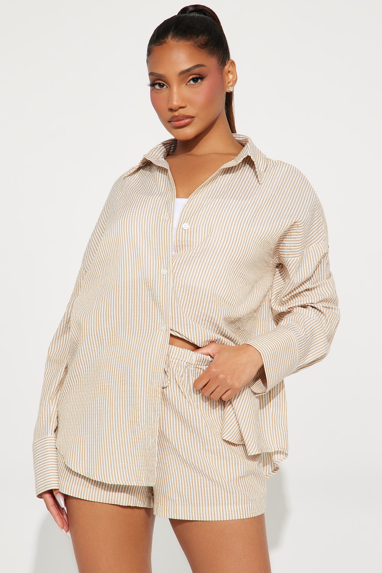 Sara Striped Short Set - Taupe - Image 3