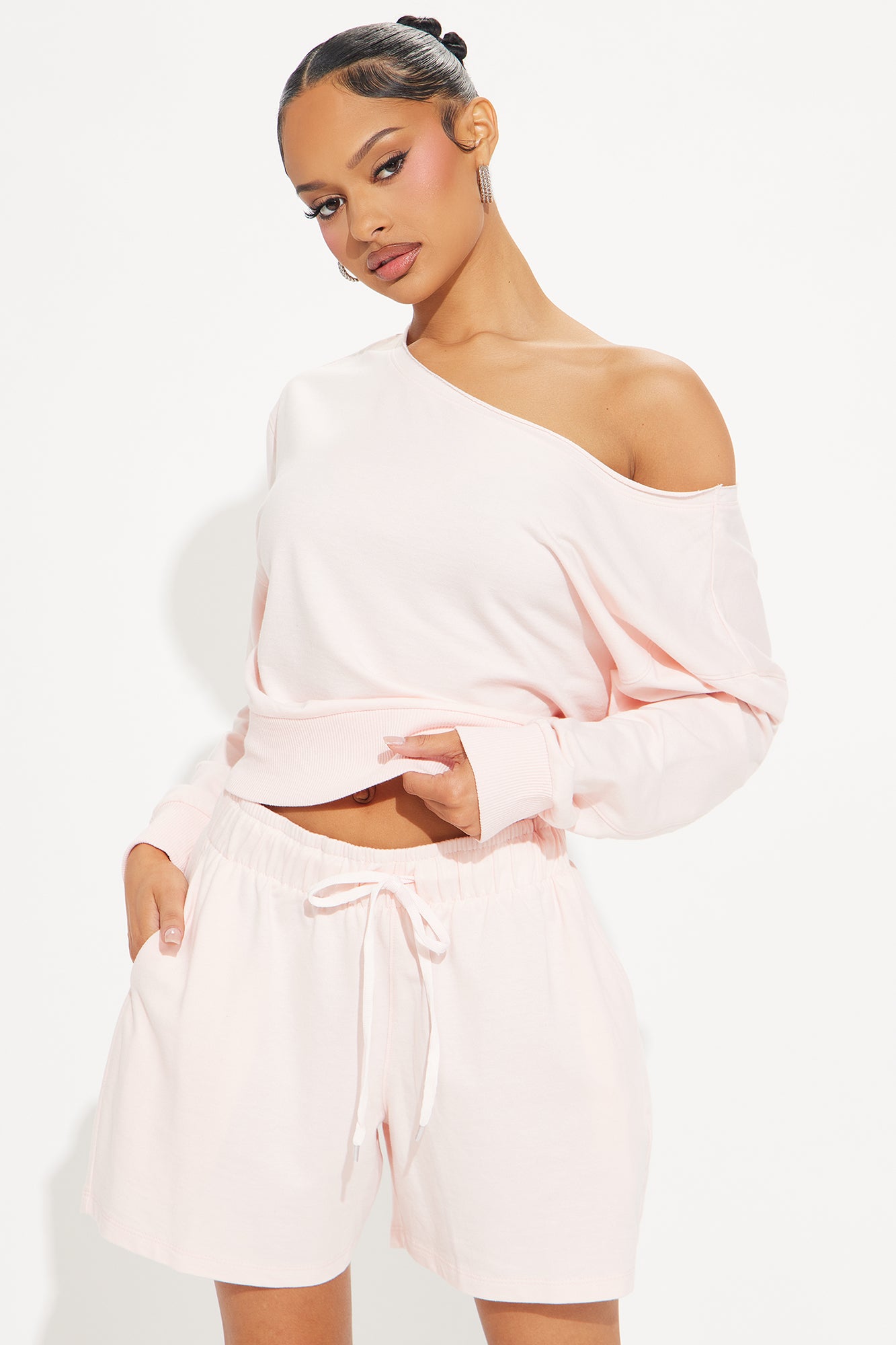 Unwind Washed Off Shoulder Short Set - Pink - Image 3