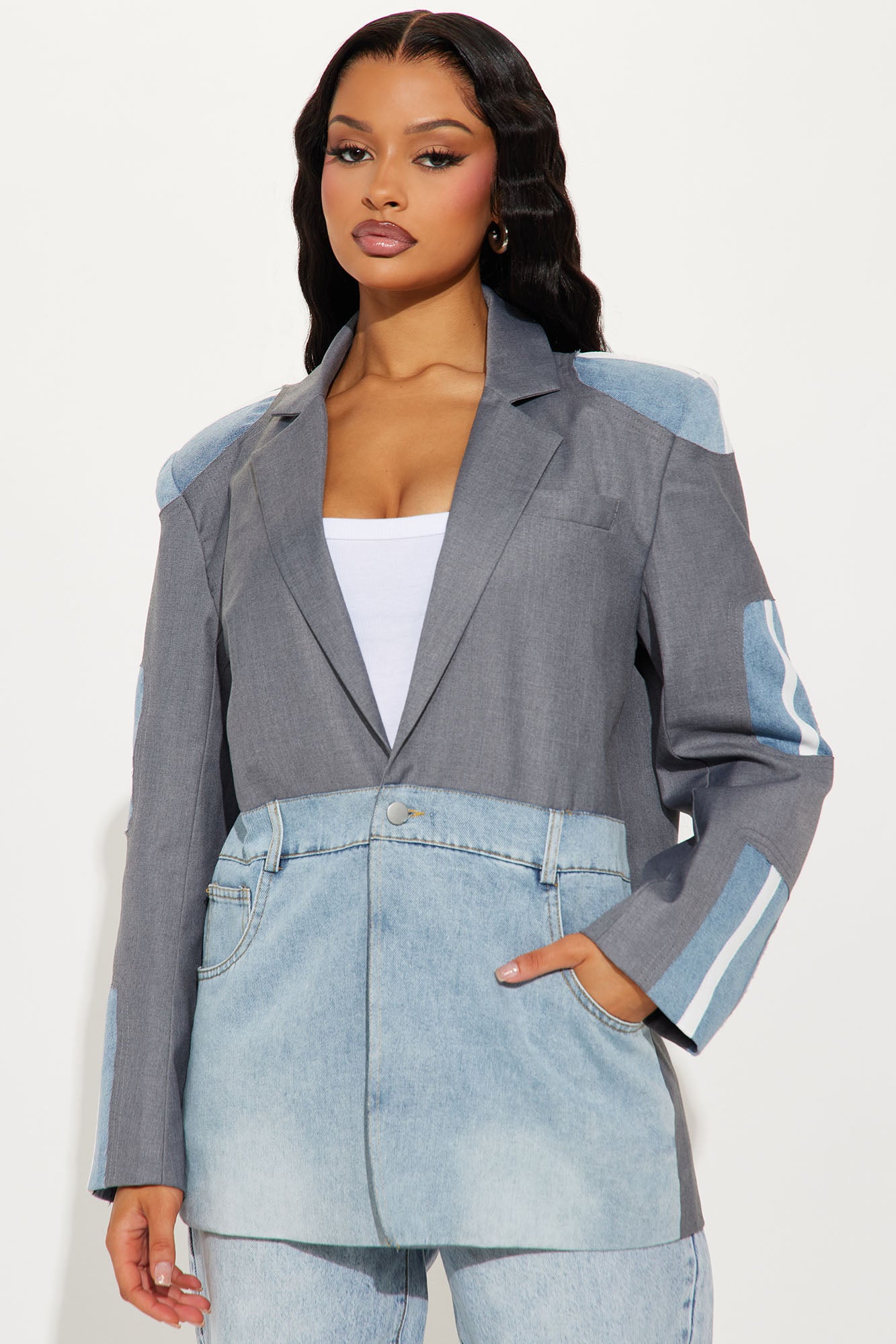 Take The Edge Off Mix Media Blazer - Grey/combo - Image 3