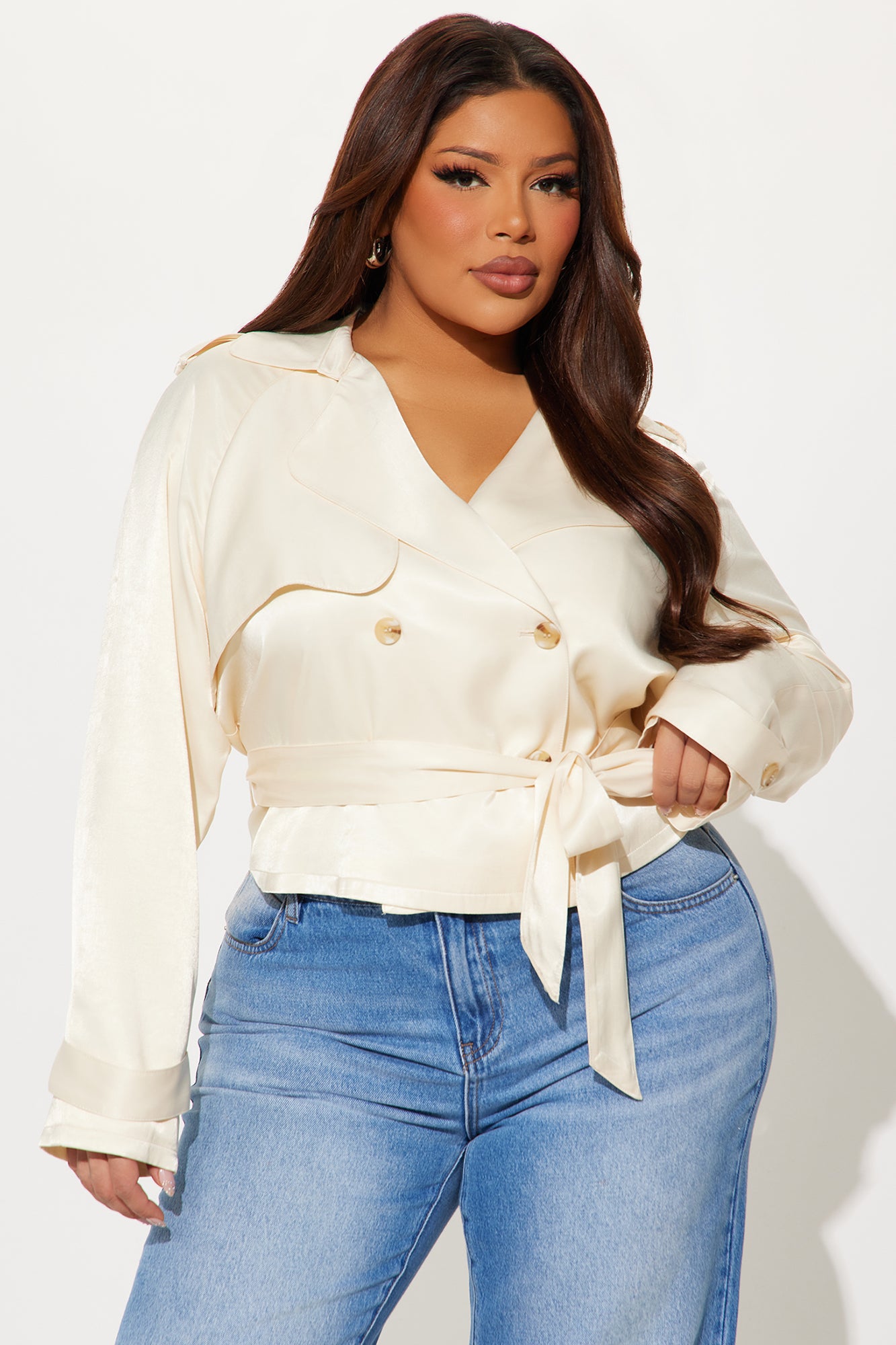 Jayla Satin Cropped Trench - Cream - Image 4