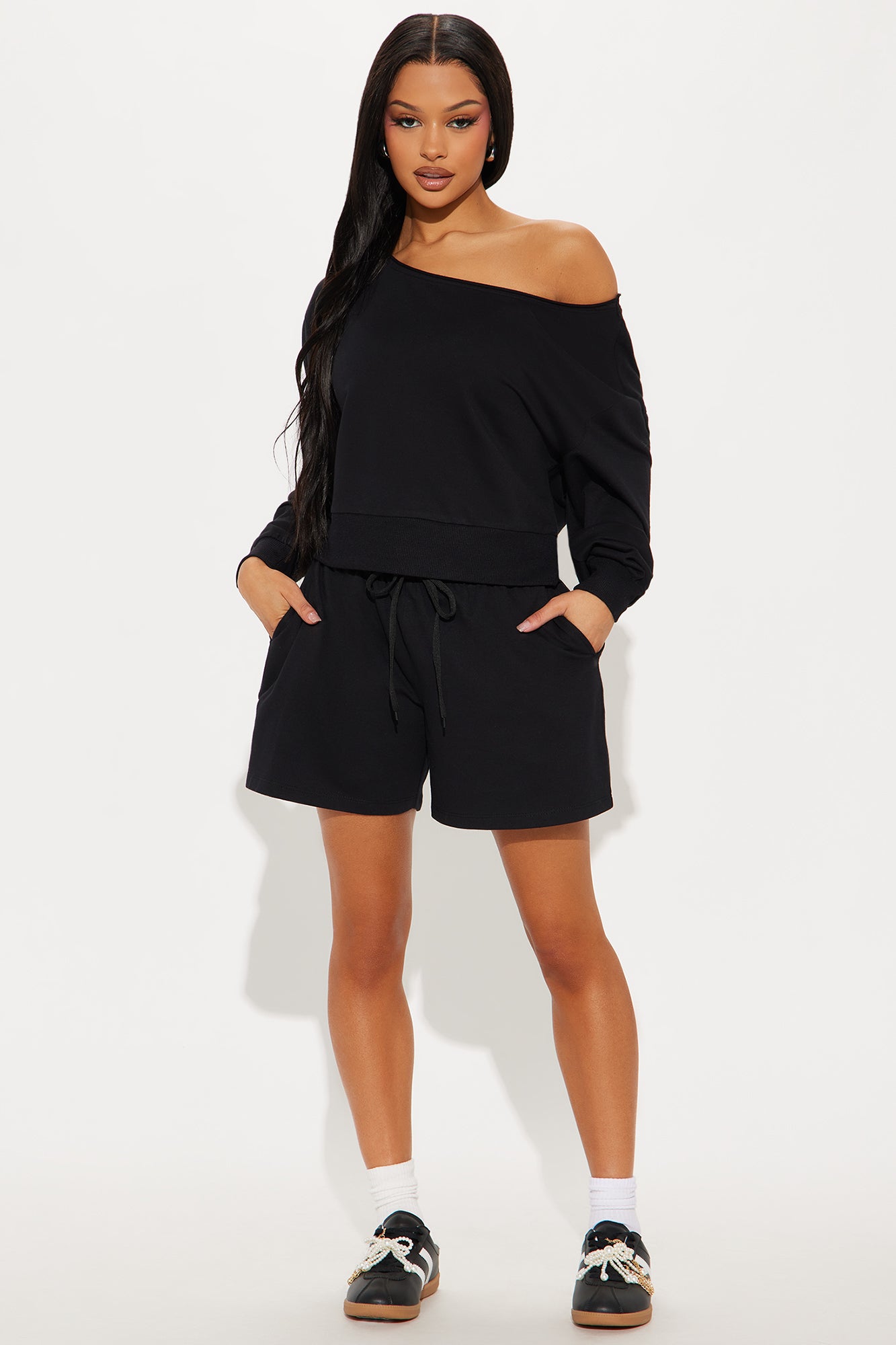 Unwind Washed Off Shoulder Short Set - Black - Image 3