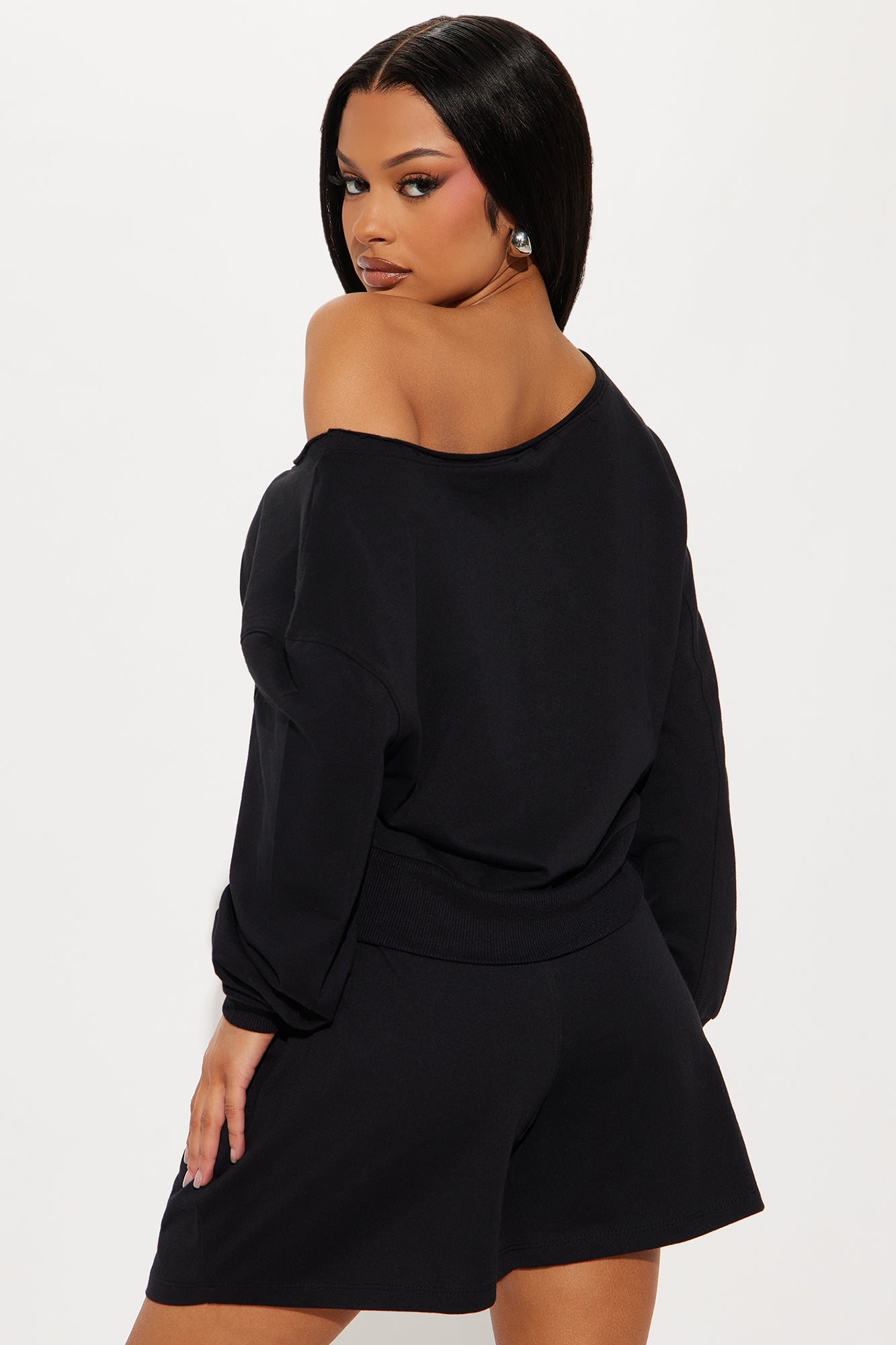 Unwind Washed Off Shoulder Short Set - Black - Image 4