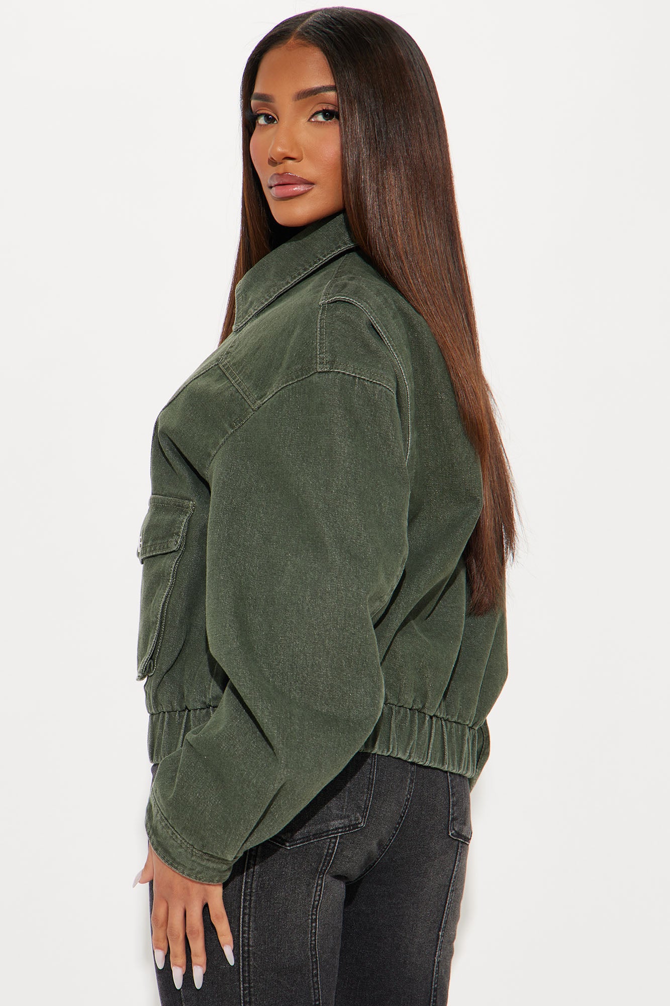 Delilah Washed Bomber Jacket - Olive - Image 3