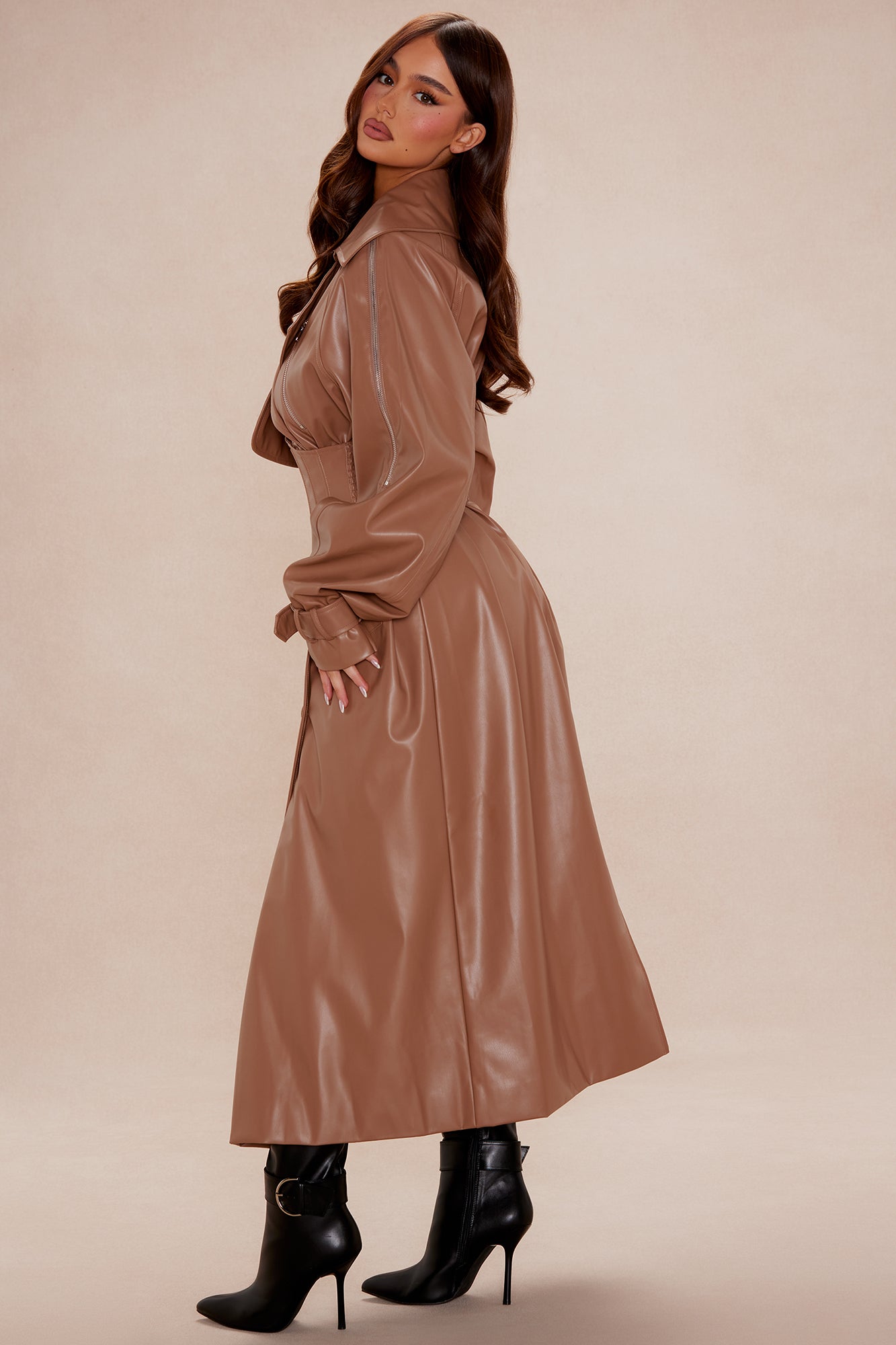 Kendra Faux Leather Trench Coat - Camel - Image 4