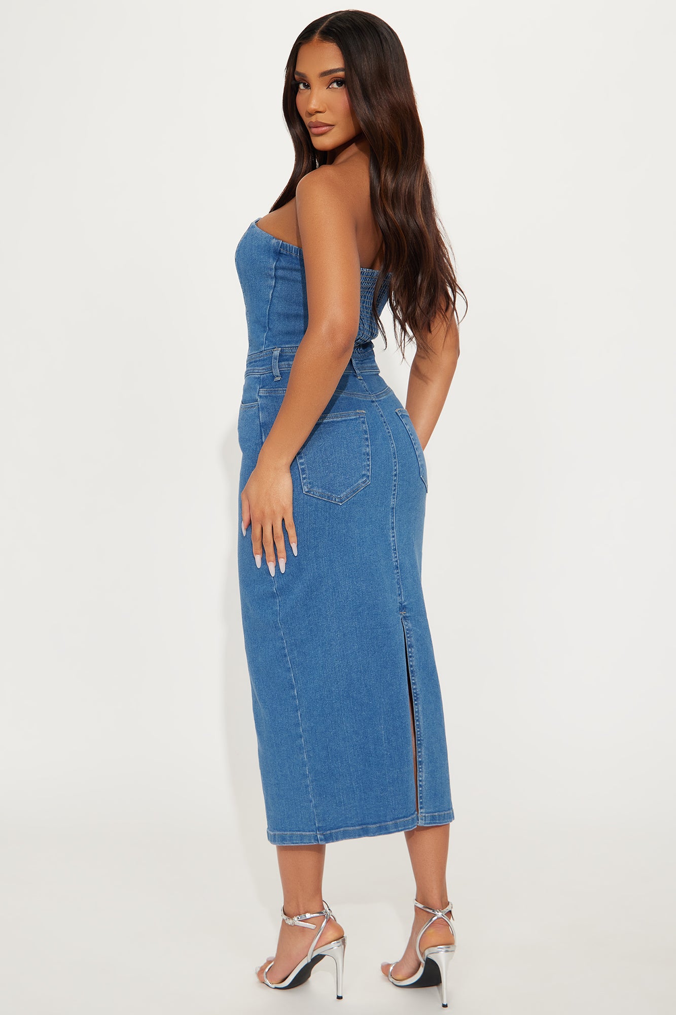 Alma Denim Midi Dress - Medium Wash - Image 3