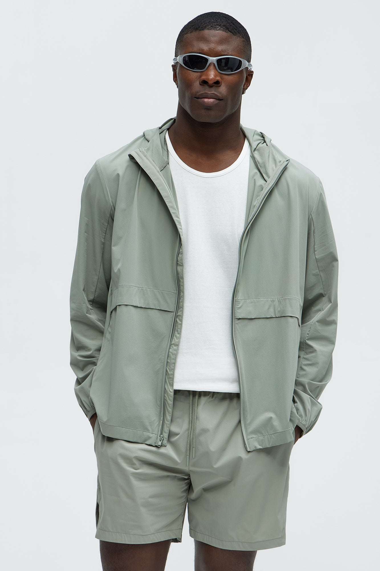 Lightweight Stretch Hooded Running Windbreaker Jacket - Sage - Image 5