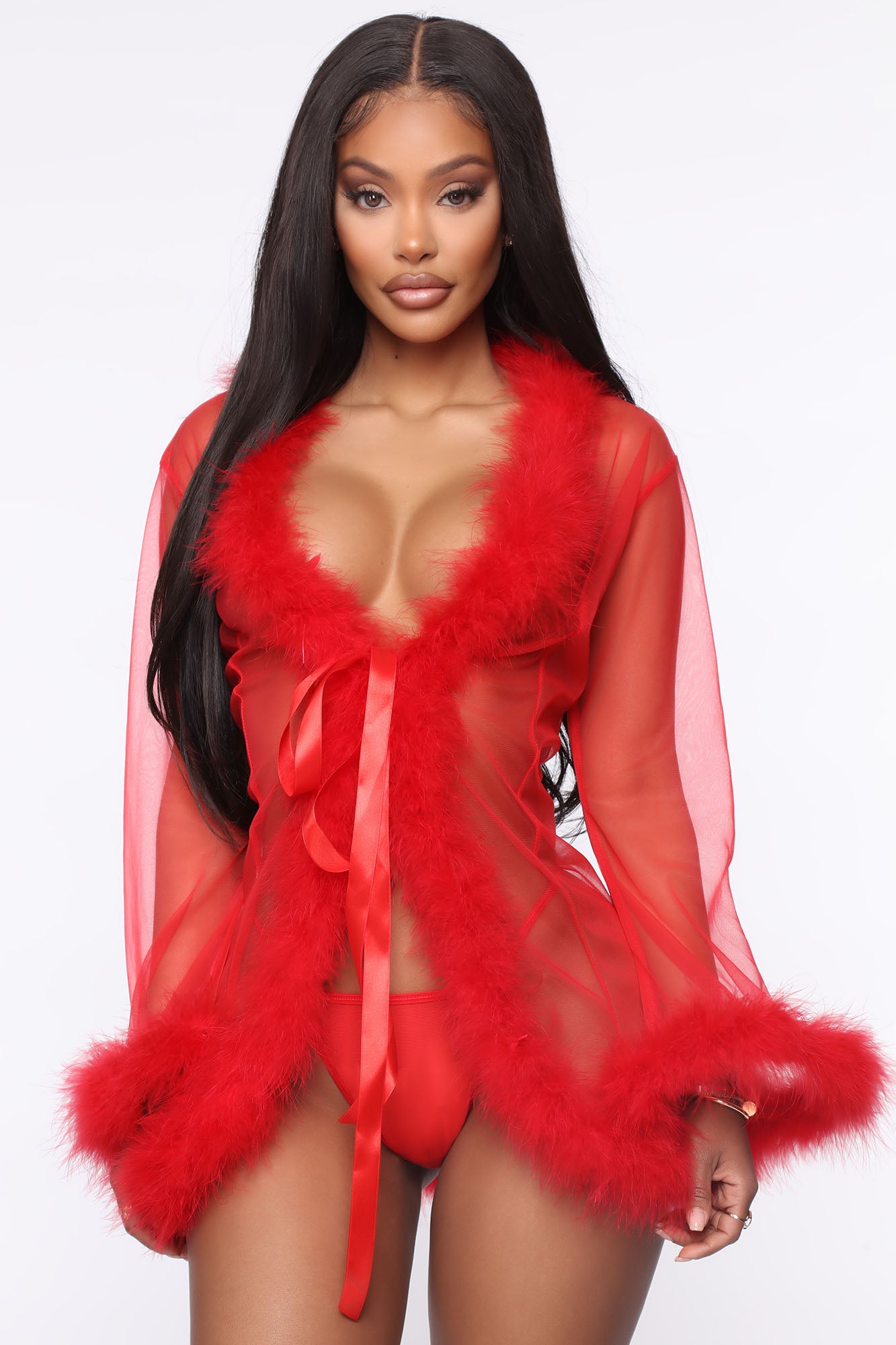 Softest Touch Fluff Mesh Robe - Red - Image 4