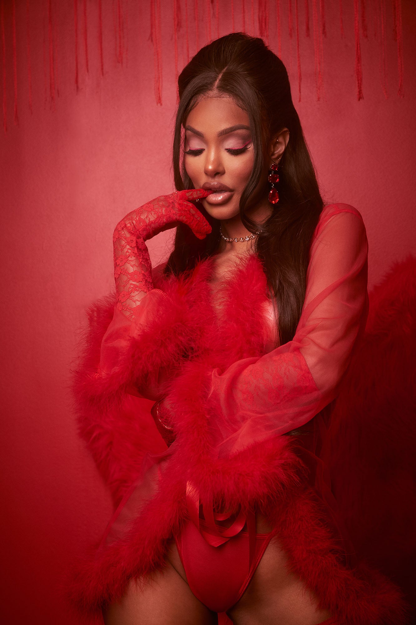 Softest Touch Fluff Mesh Robe - Red - Image 5