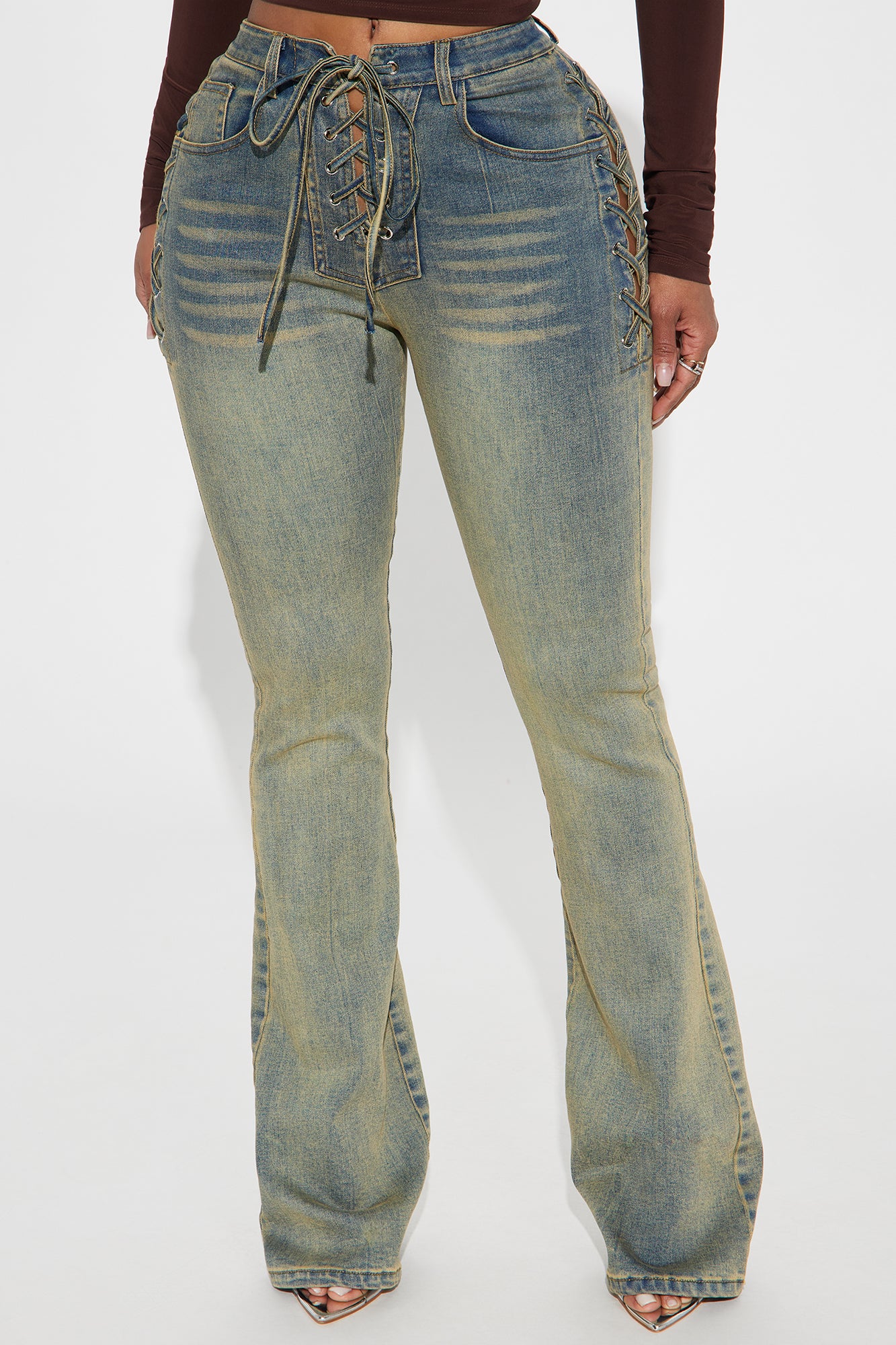 Out In The Town Lace Up Stretch Flare Jeans - Vintage Wash - Image 3