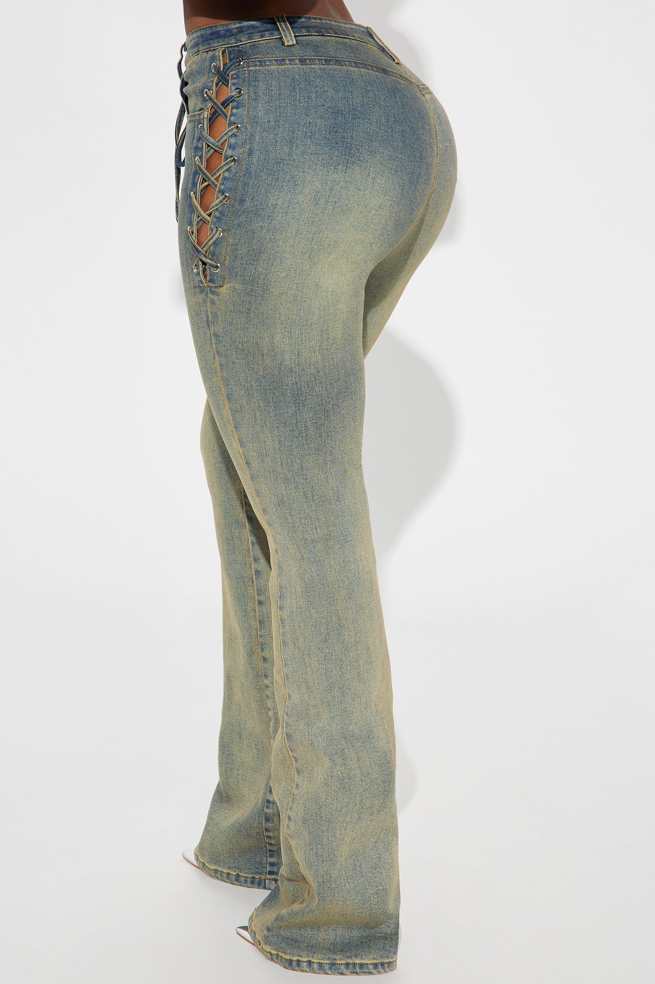 Out In The Town Lace Up Stretch Flare Jeans - Vintage Wash - Image 4