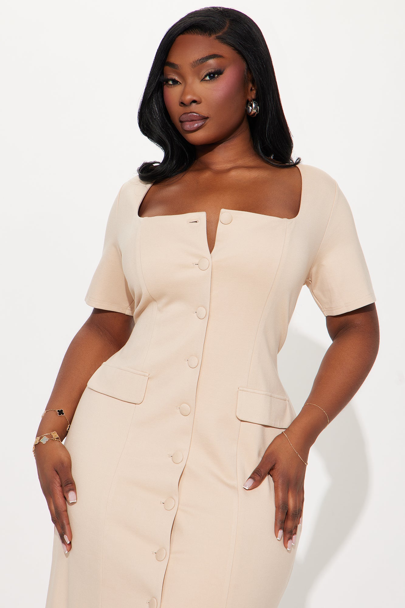 The Velina Ponte Midi Dress - Taupe - Image 5