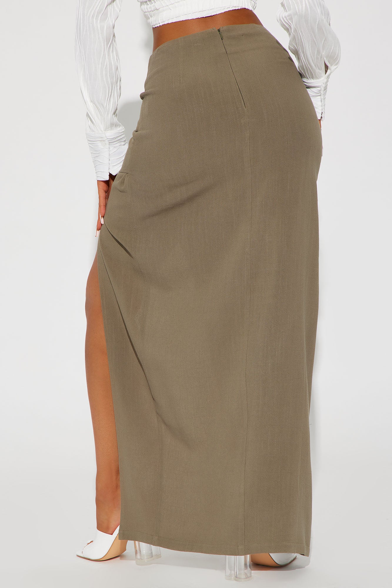 Dezi Linen Slit Maxi Skirt - Olive - Image 3