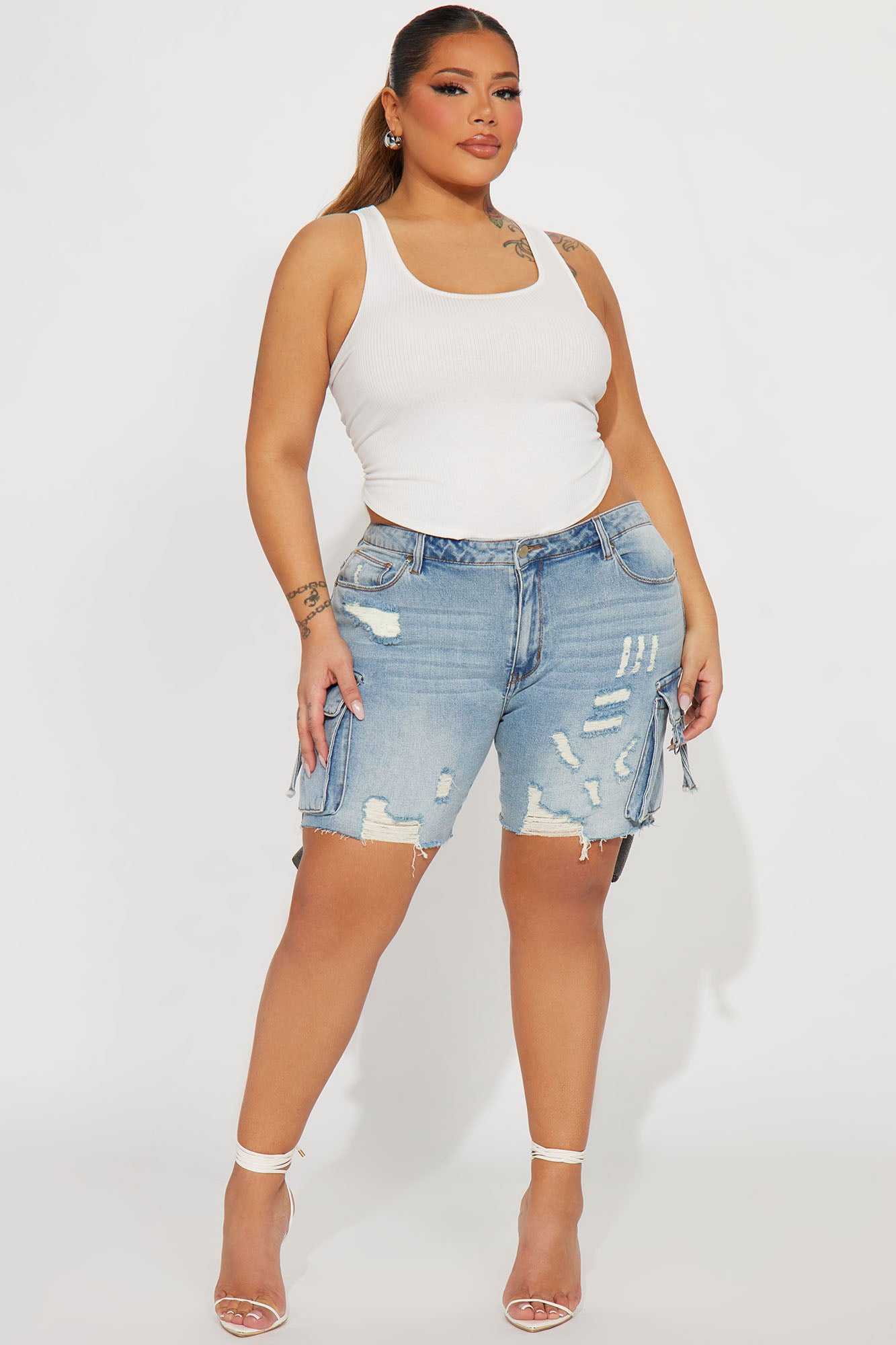 Find A Way Stretch Cargo Denim Shorts - Light Wash - Image 6