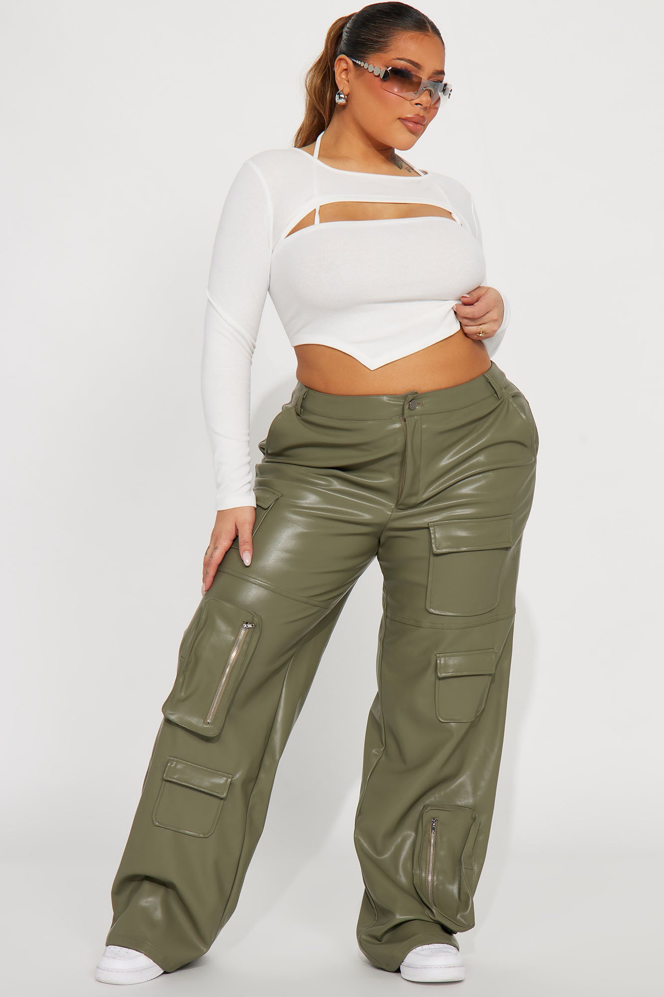 Never Too Late Faux Leather Cargo Pant - Olive - Image 4
