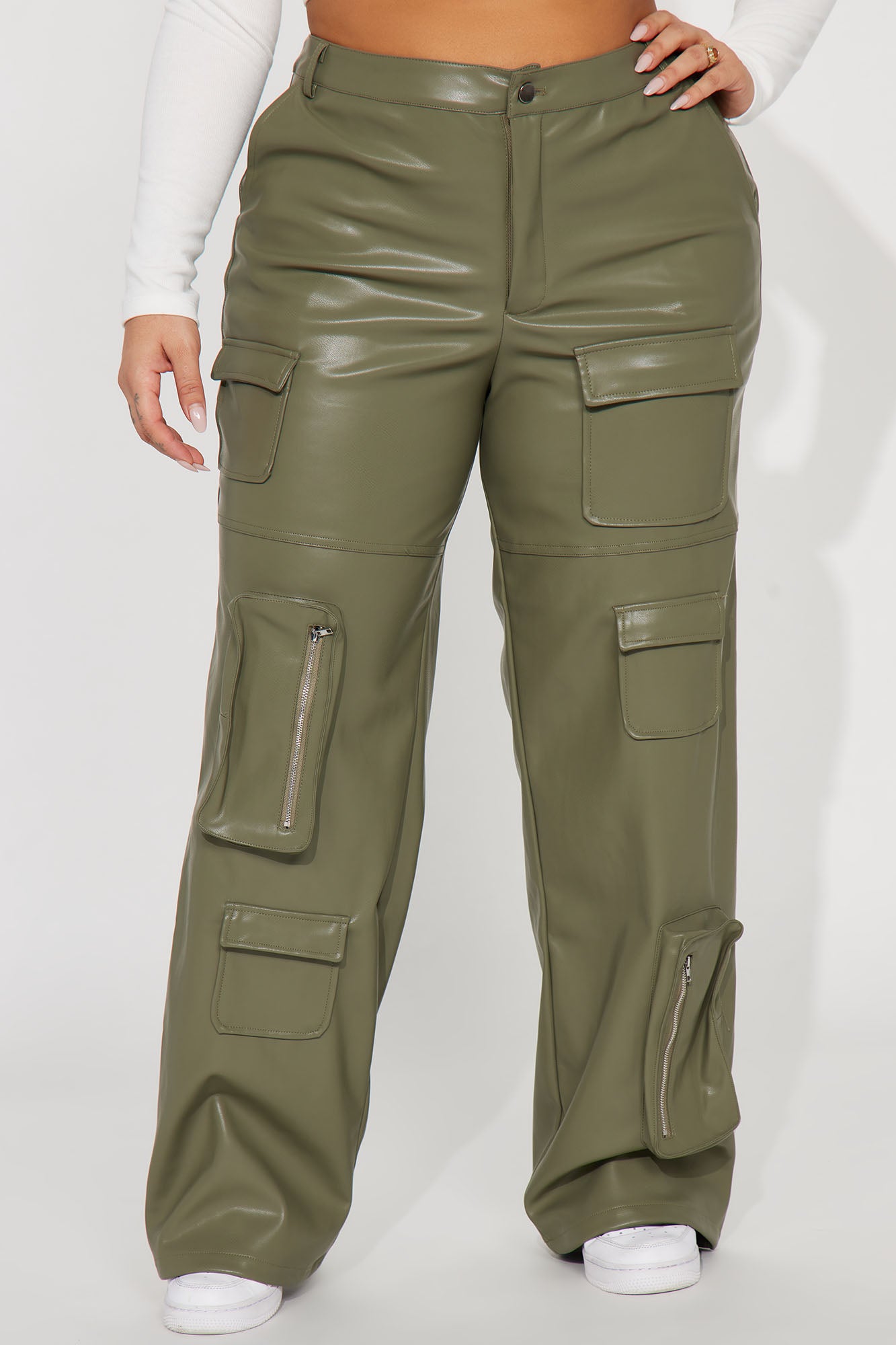 Never Too Late Faux Leather Cargo Pant - Olive - Image 5