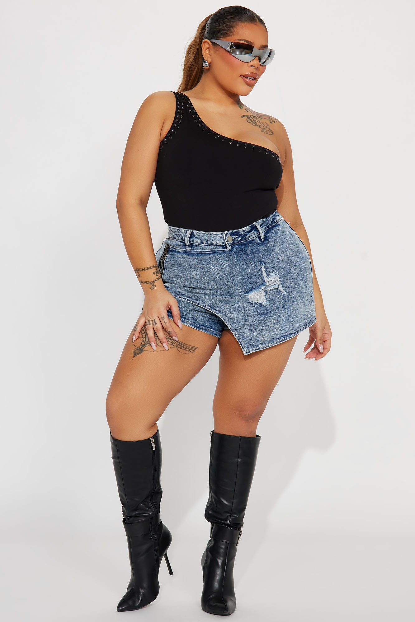 Too Late Denim Wrap Skort - Medium Wash - Image 6