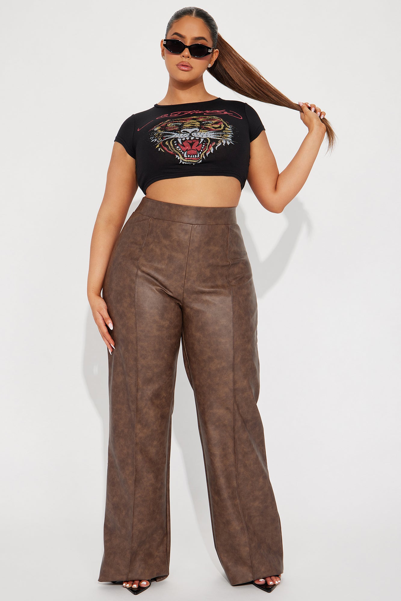 Victoria High Waisted Washed Faux Leather Dress Pants - Chocolate - Image 7