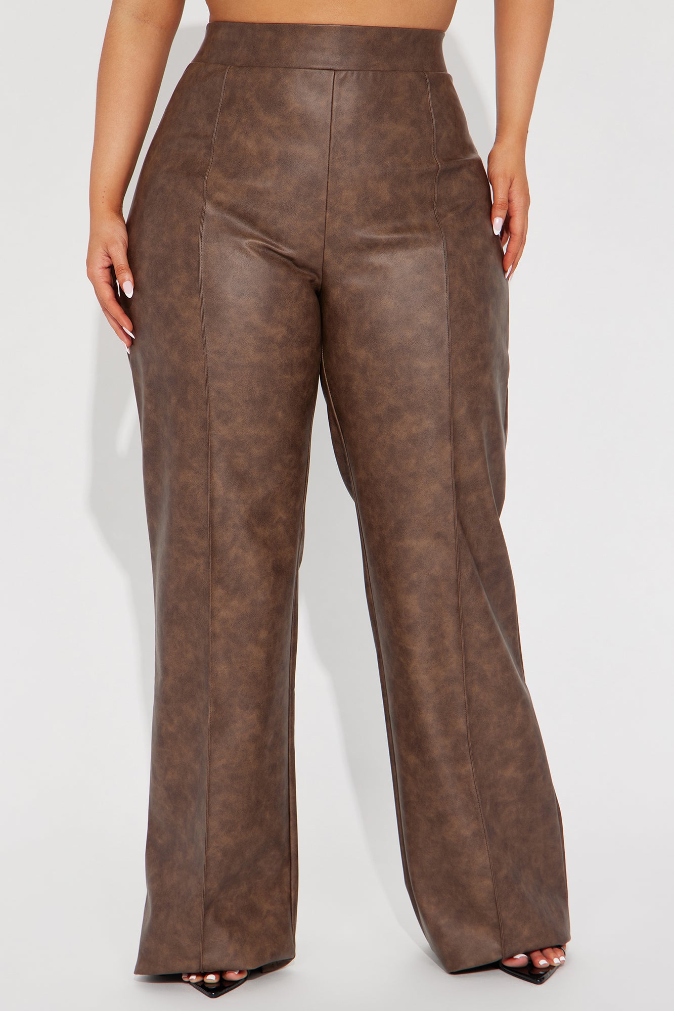 Victoria High Waisted Washed Faux Leather Dress Pants - Chocolate - Image 8