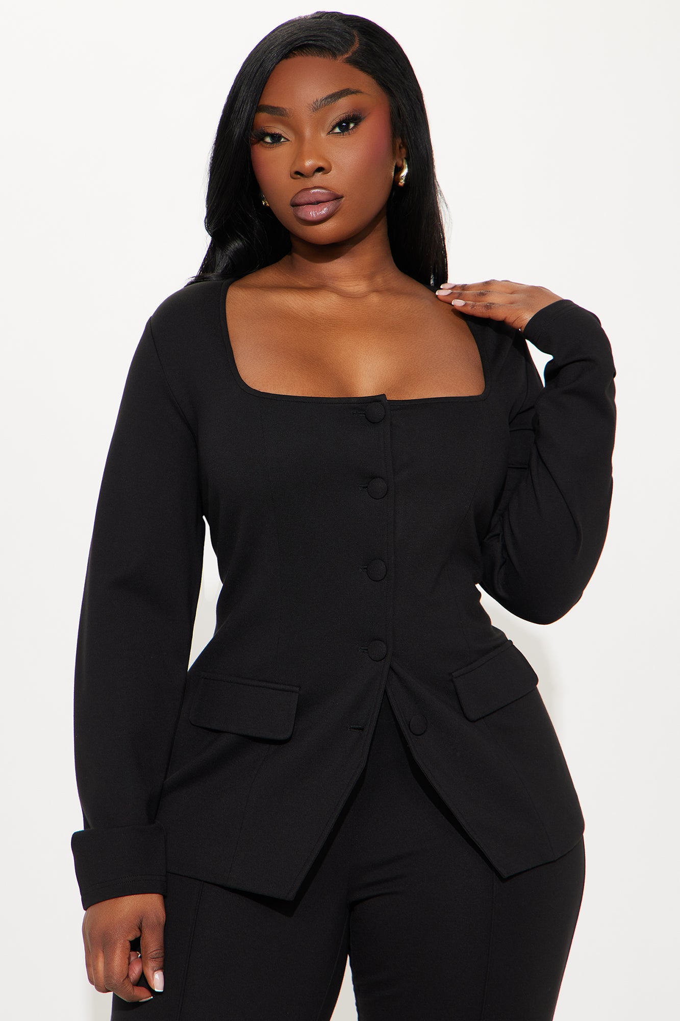 The Mia Double Lined Ponte Long Sleeve Pant Set - Black - Image 5