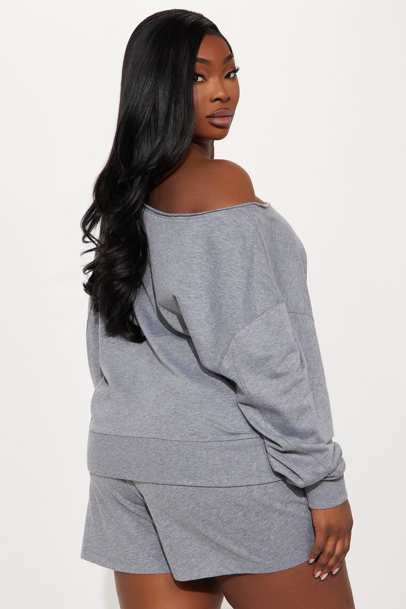 Unwind Washed Off Shoulder Short Set - Heather Grey - Image 6