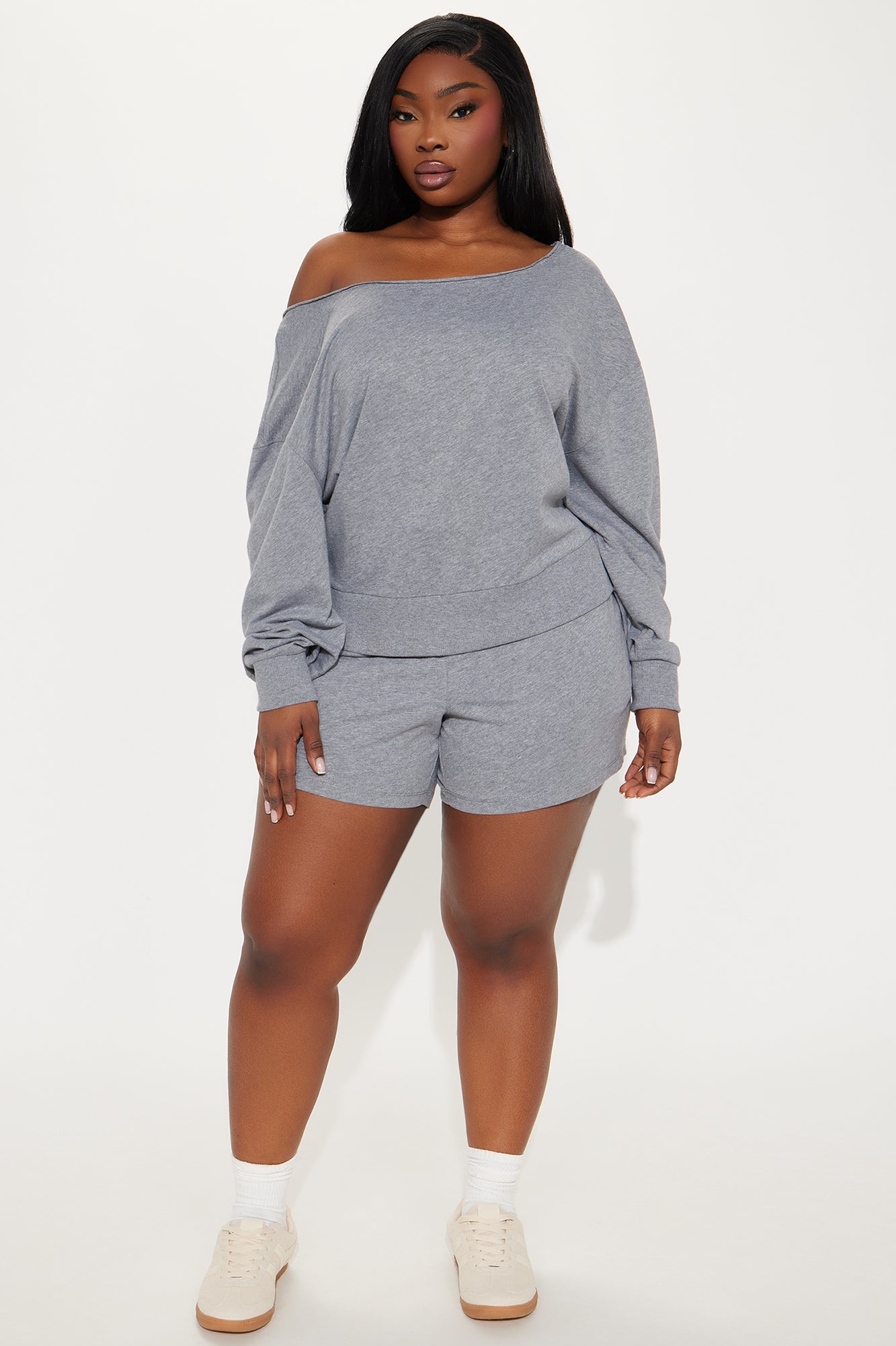 Unwind Washed Off Shoulder Short Set - Heather Grey - Image 5