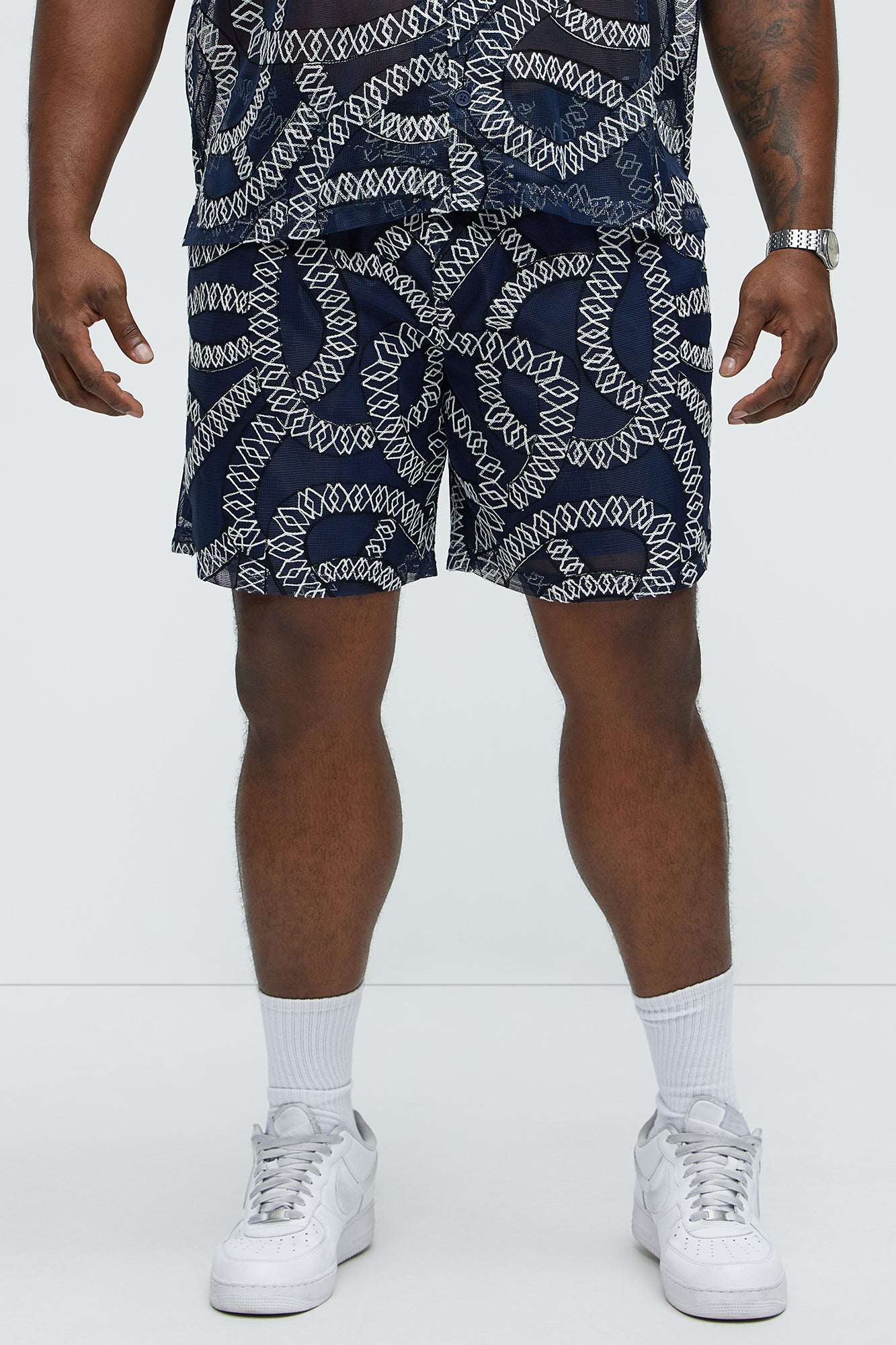 Embroidered Netting Relaxed Shorts - Navy - Image 5