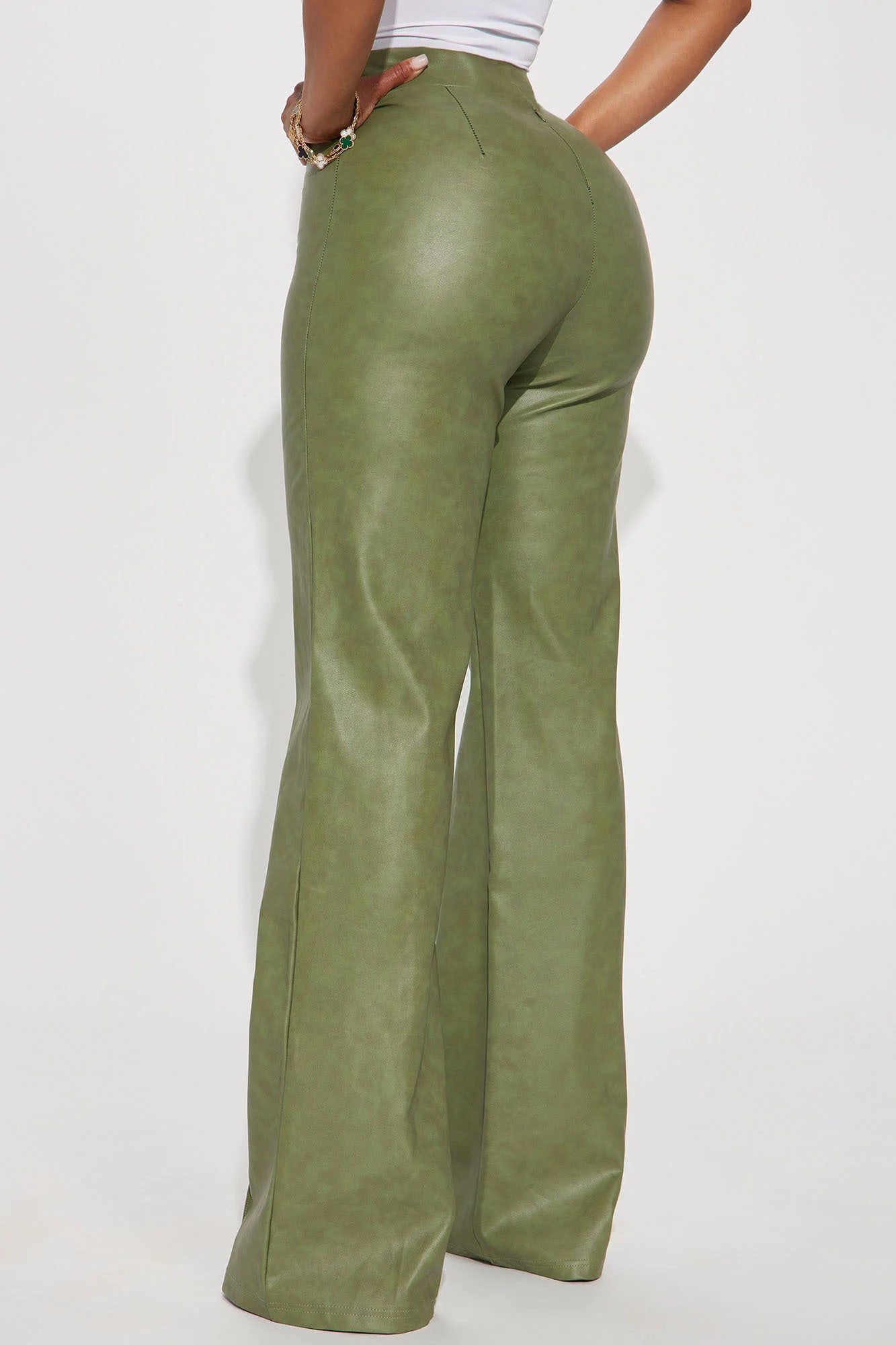 Victoria High Waisted Washed Faux Leather Dress Pants - Olive - Image 3