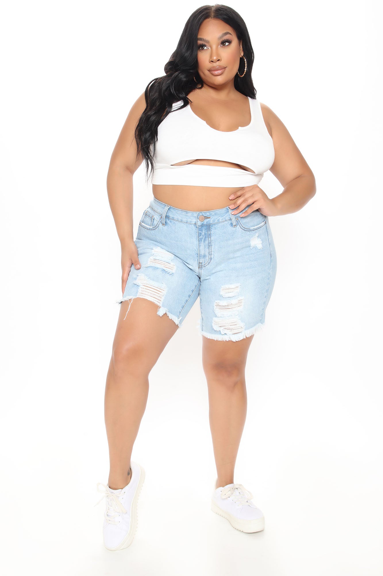 The Mixer Distressed Denim Bermudas - Light Blue Wash - Image 4