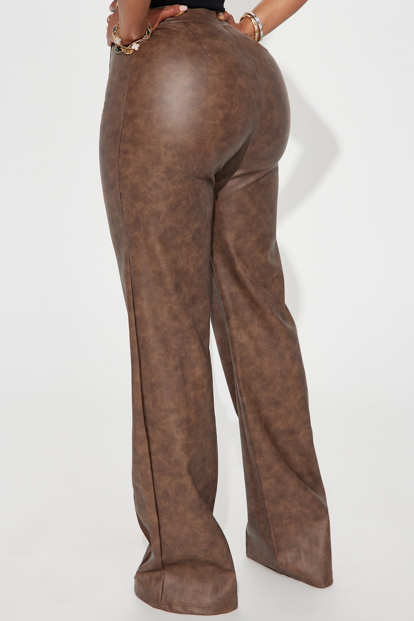 Victoria High Waisted Washed Faux Leather Dress Pants - Chocolate - Image 3