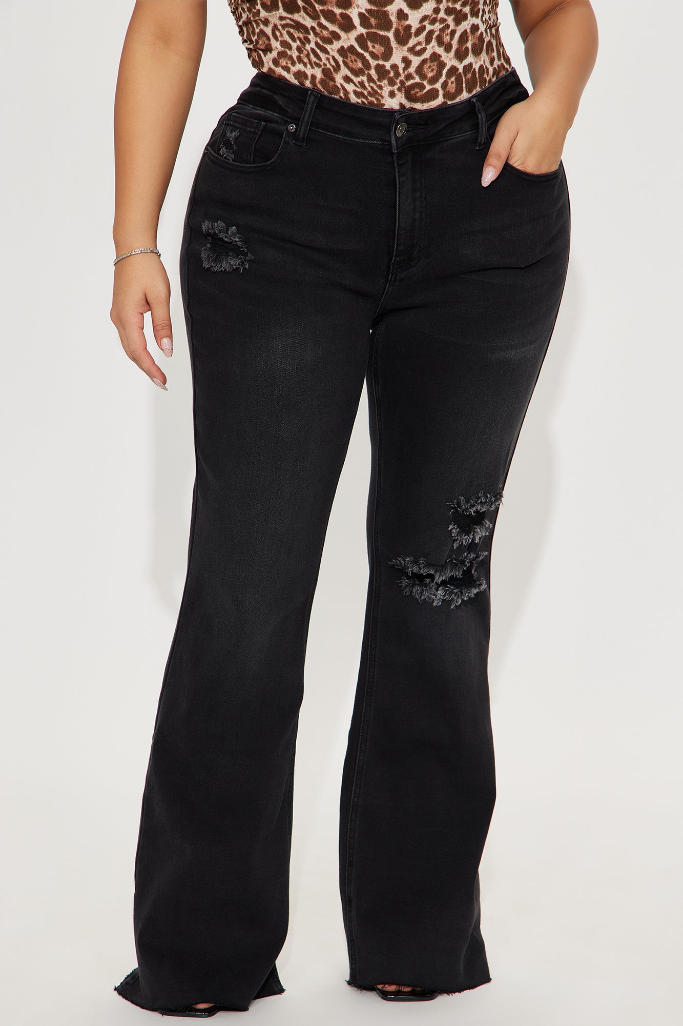 Certifiable Stretch Ripped Flare Jeans - Black Wash - Image 5