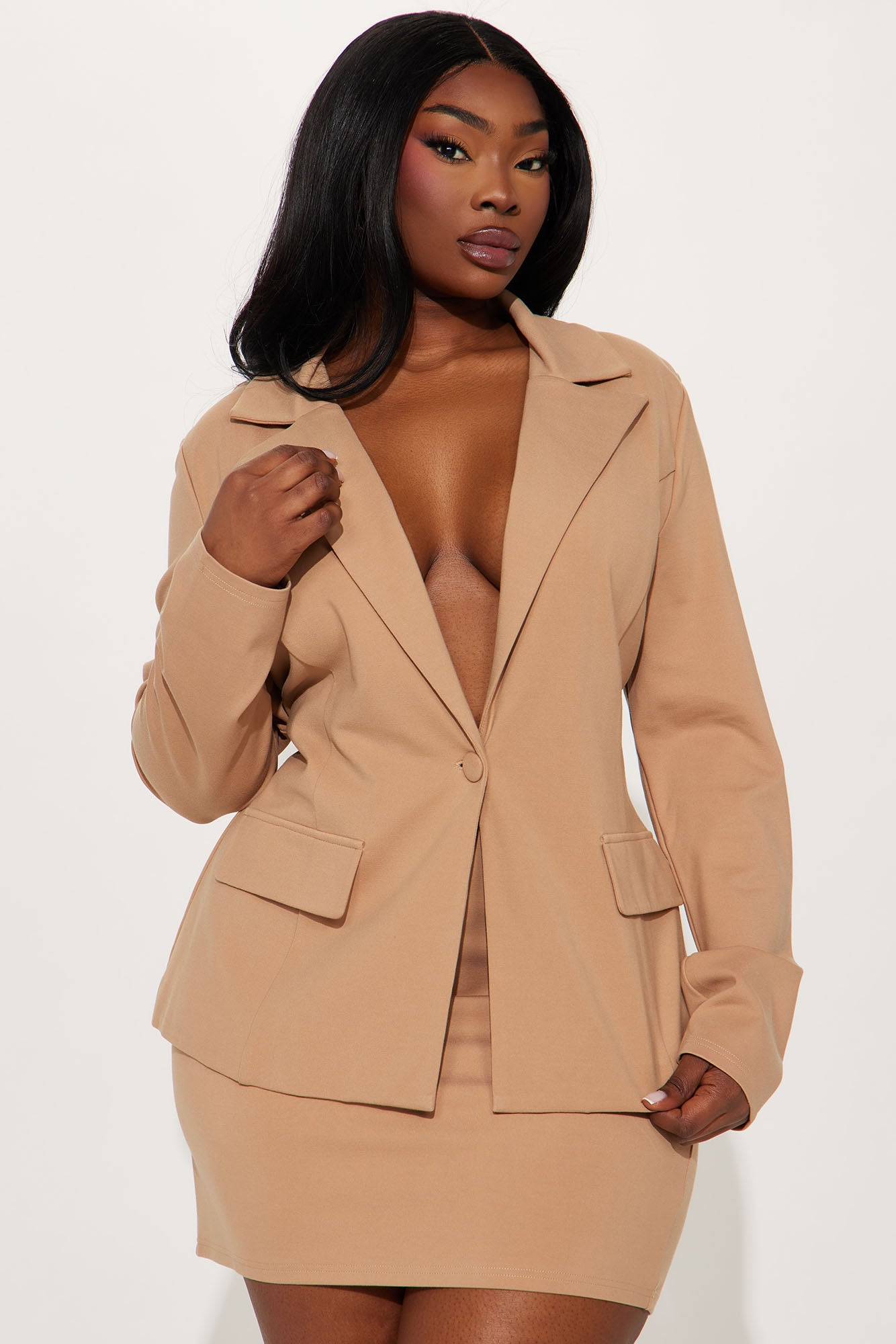 The Mia Double Lined Ponte Blazer Skirt Set - Tan - Image 5