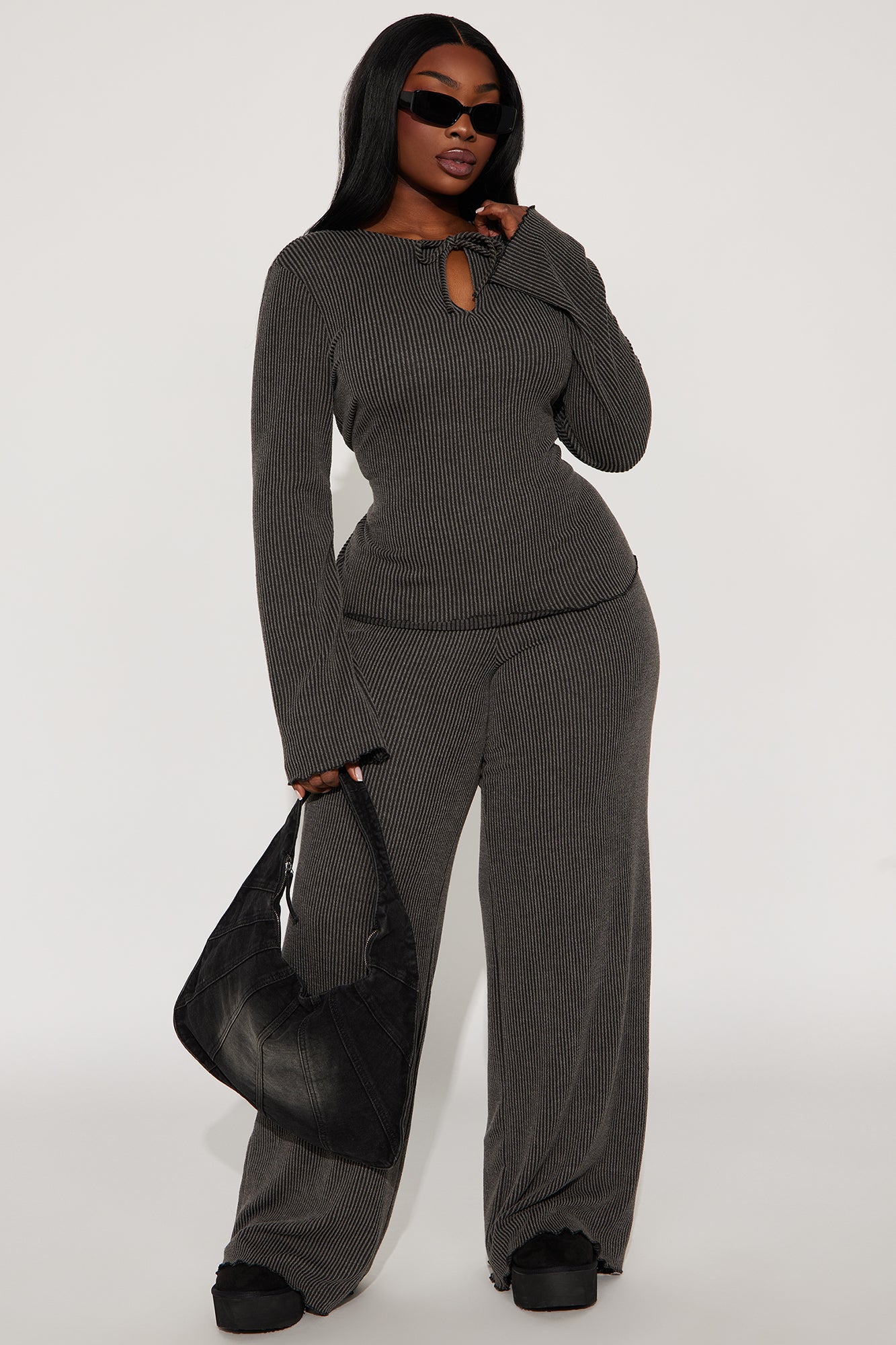 The Ava Ribbed Pant Set - Charcoal - Image 4