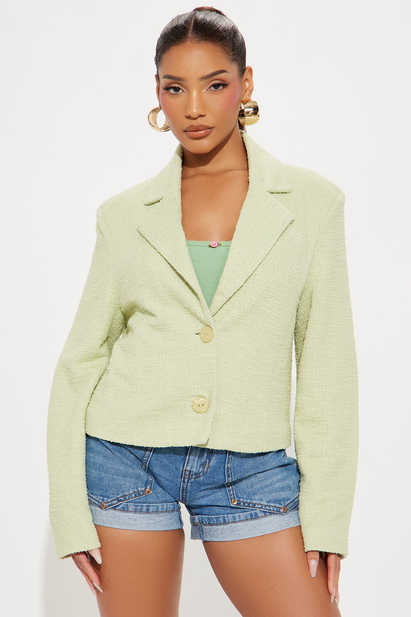 Dana Cropped Solid Tweed Blazer - Sage - Image 3