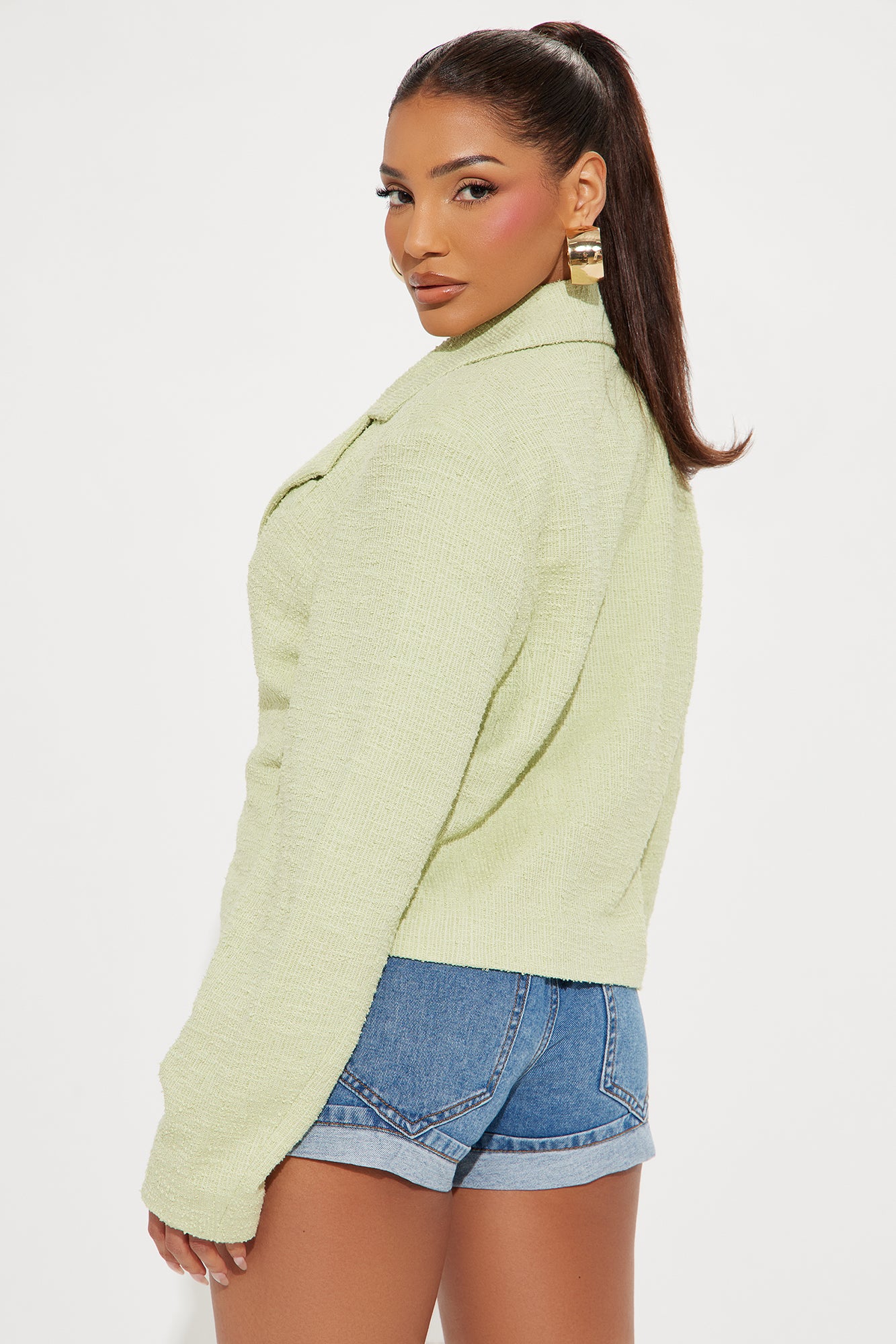 Dana Cropped Solid Tweed Blazer - Sage - Image 4