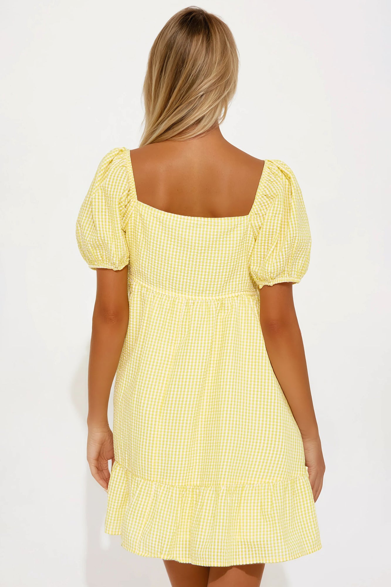 Brenda Gingham Babydoll Mini Dress - Yellow - Image 3