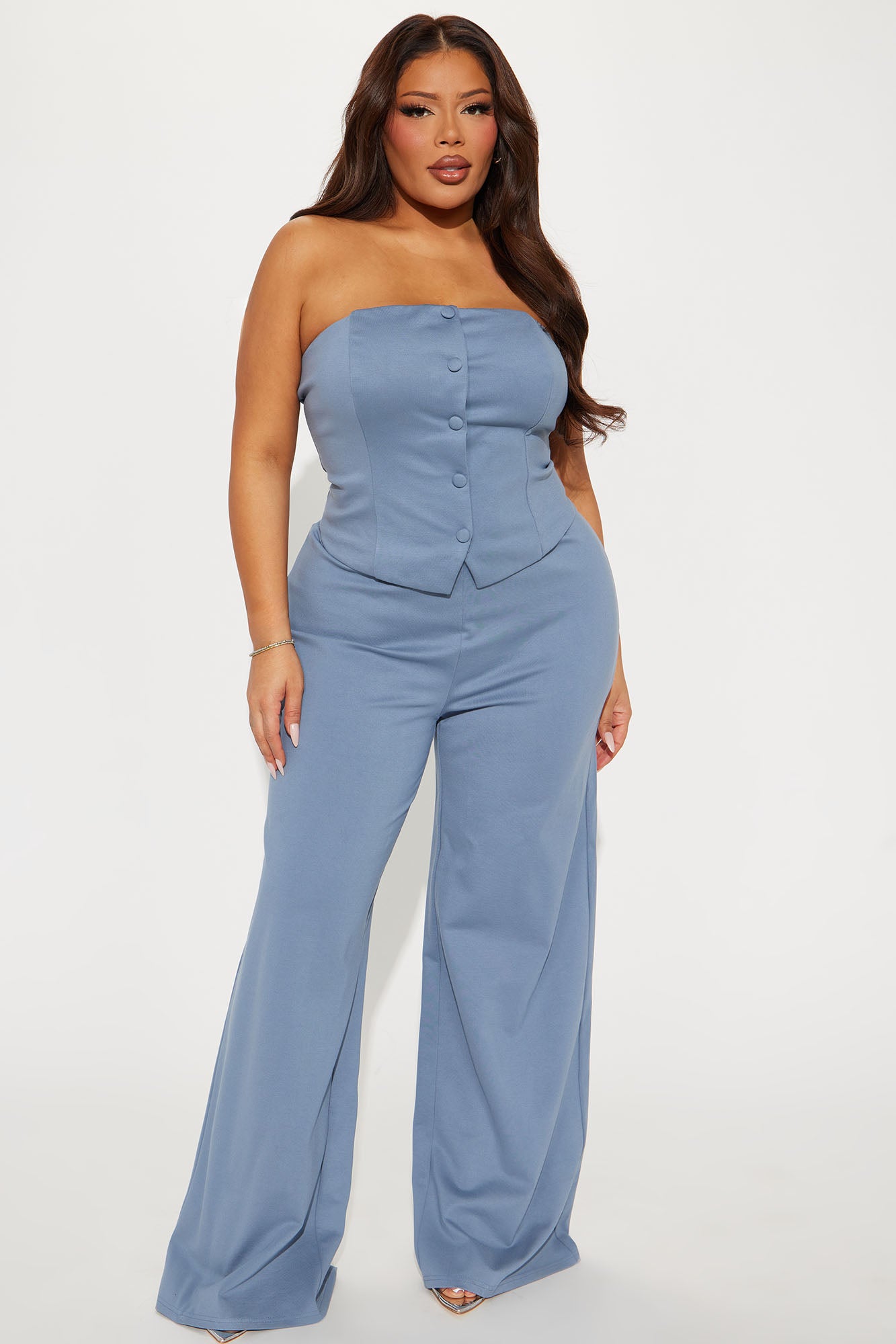 The Mia Strapless Ponte Jumpsuit - Dusty Blue - Image 4
