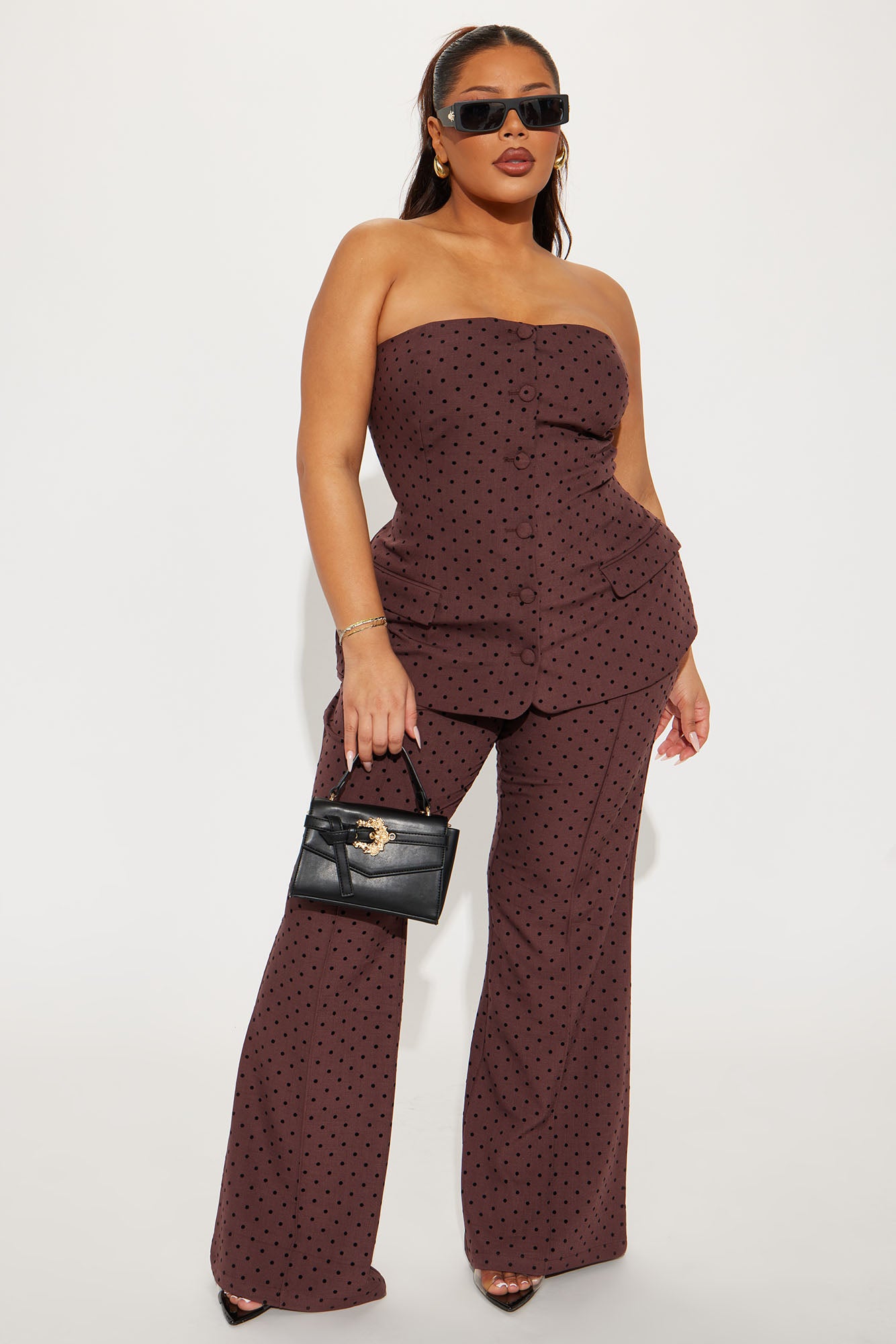Stacy Polka Dot Flare Pant Set - Brown - Image 4