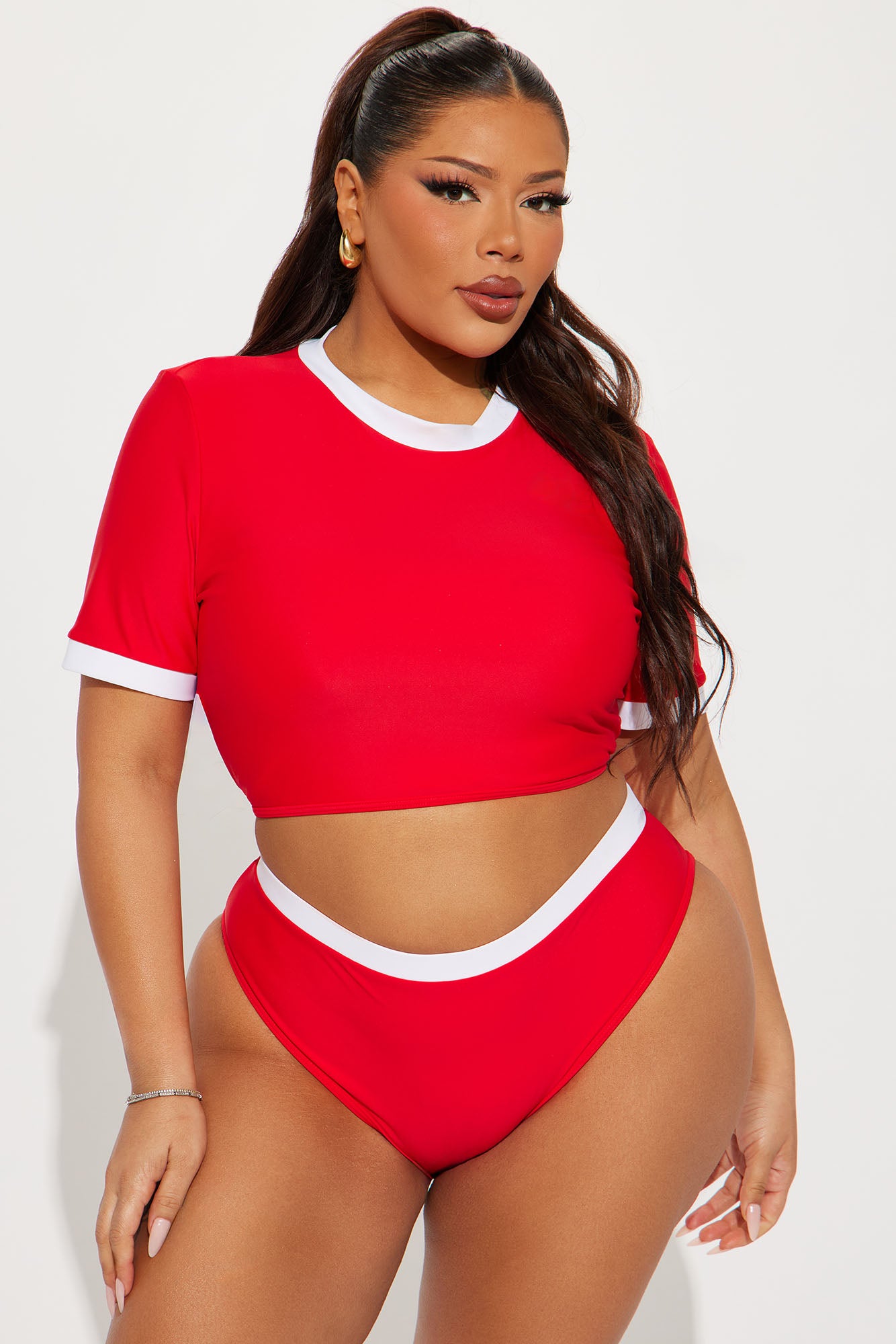 Heather Contrast Crop Top 2 Piece Bikini - Red/White - Image 4