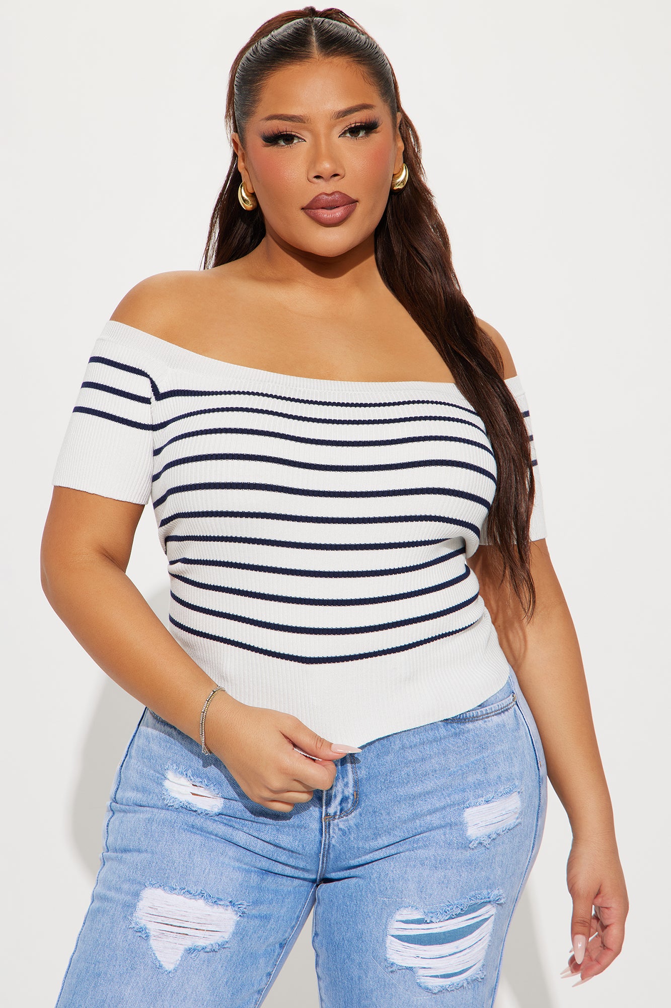 Sailing Striped Off Shoulder Sweater - White/combo - Image 4