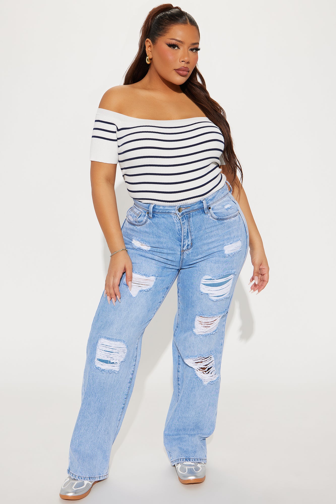 Sailing Striped Off Shoulder Sweater - White/combo - Image 5