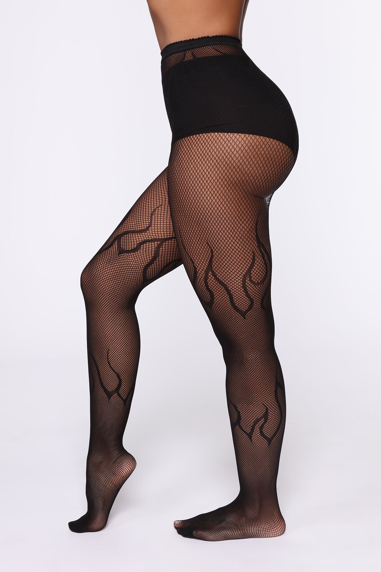 Fire Me Up Fish Net Flame Tights - Black - Image 5
