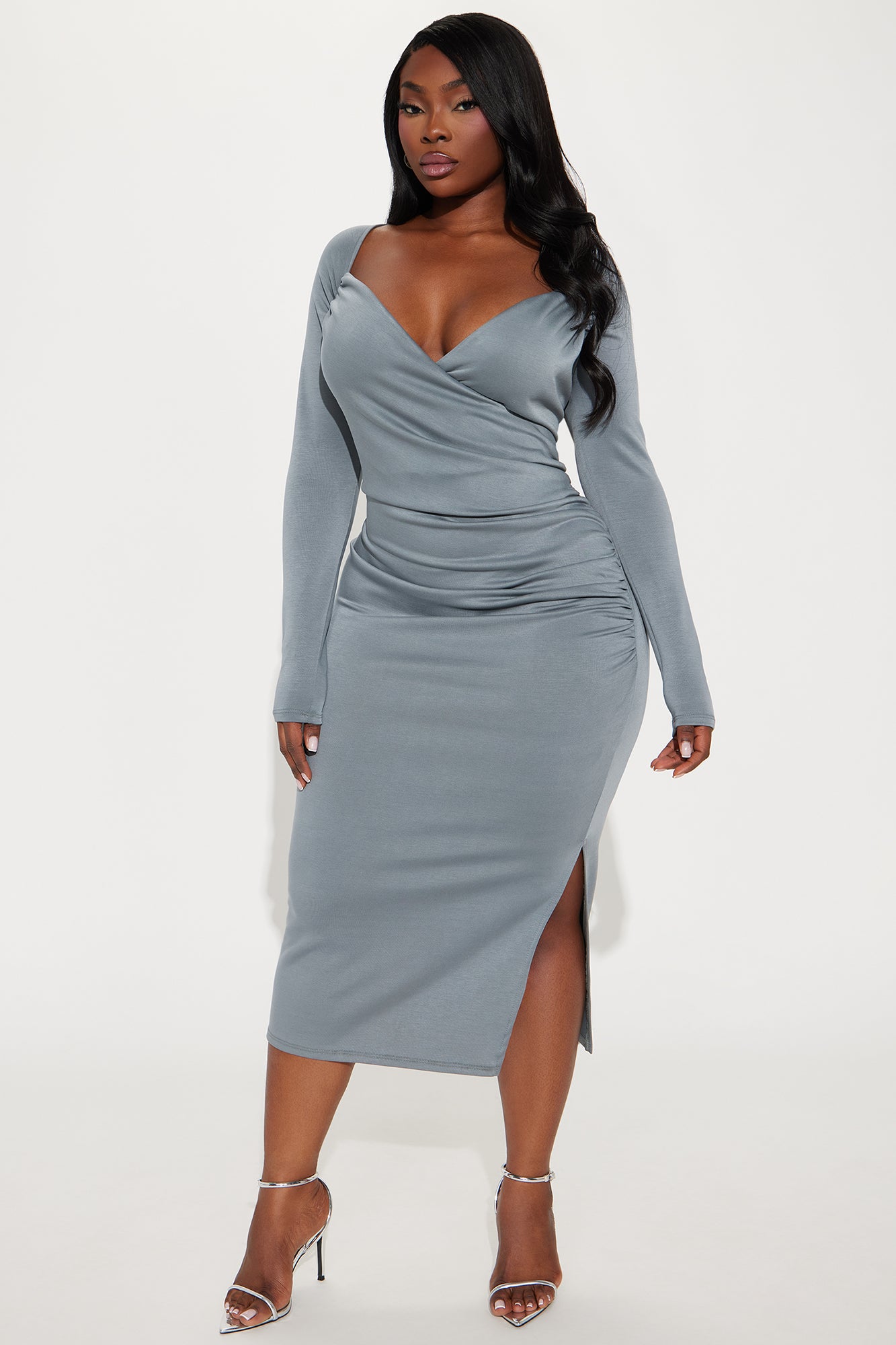 Jemma Ruched Midi Dress - Charcoal - Image 4
