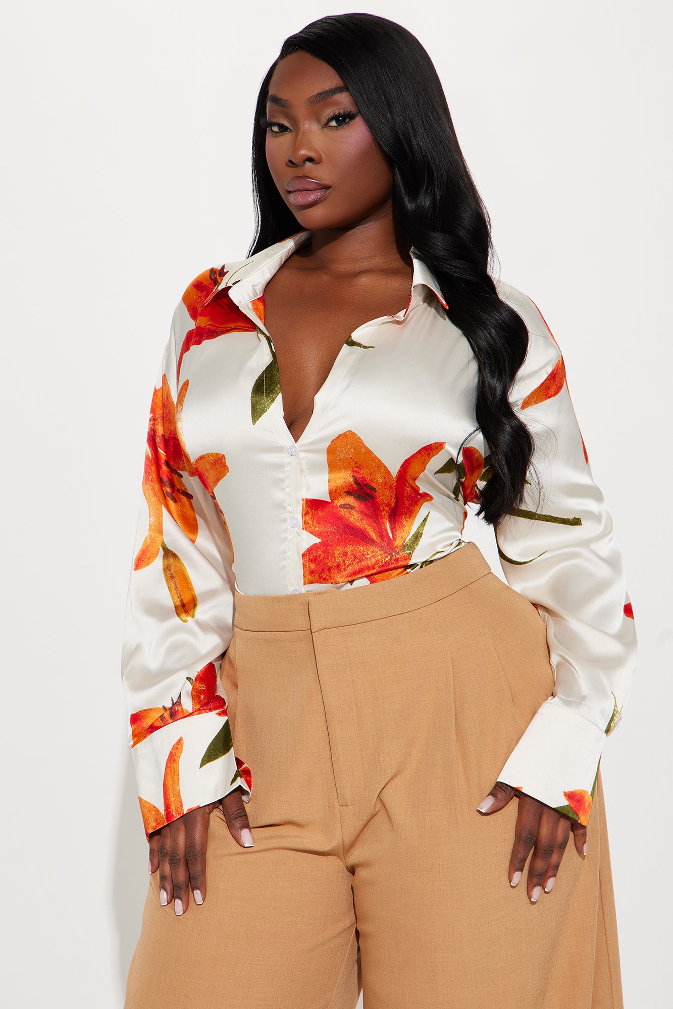 Floral Perfection Satin Shirt - Orange/combo - Image 4