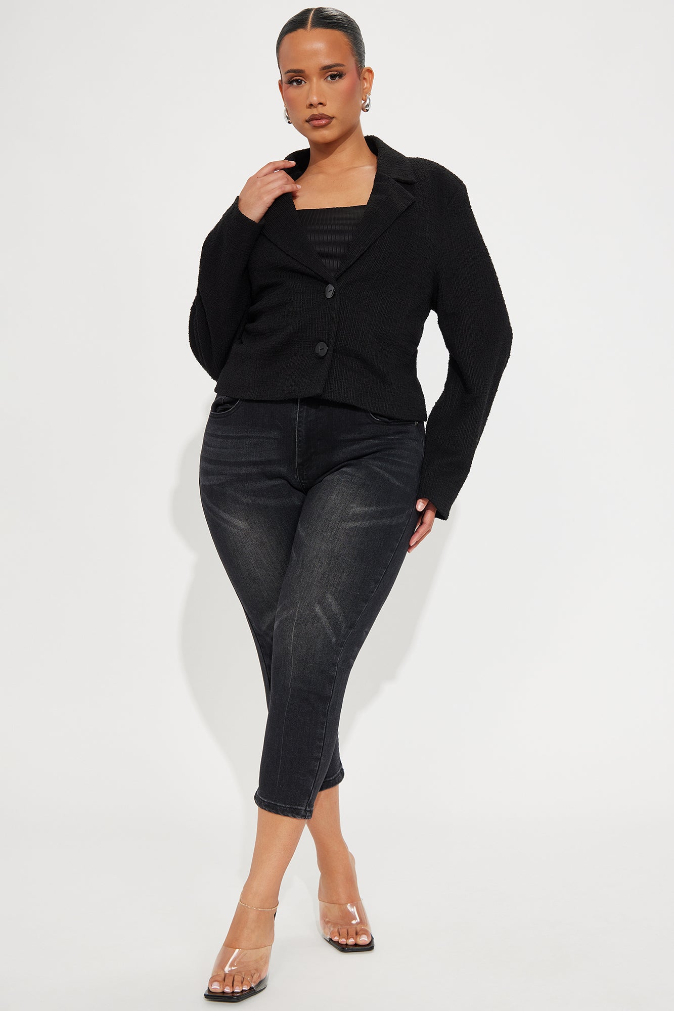 Dana Cropped Solid Tweed Blazer - Black - Image 5