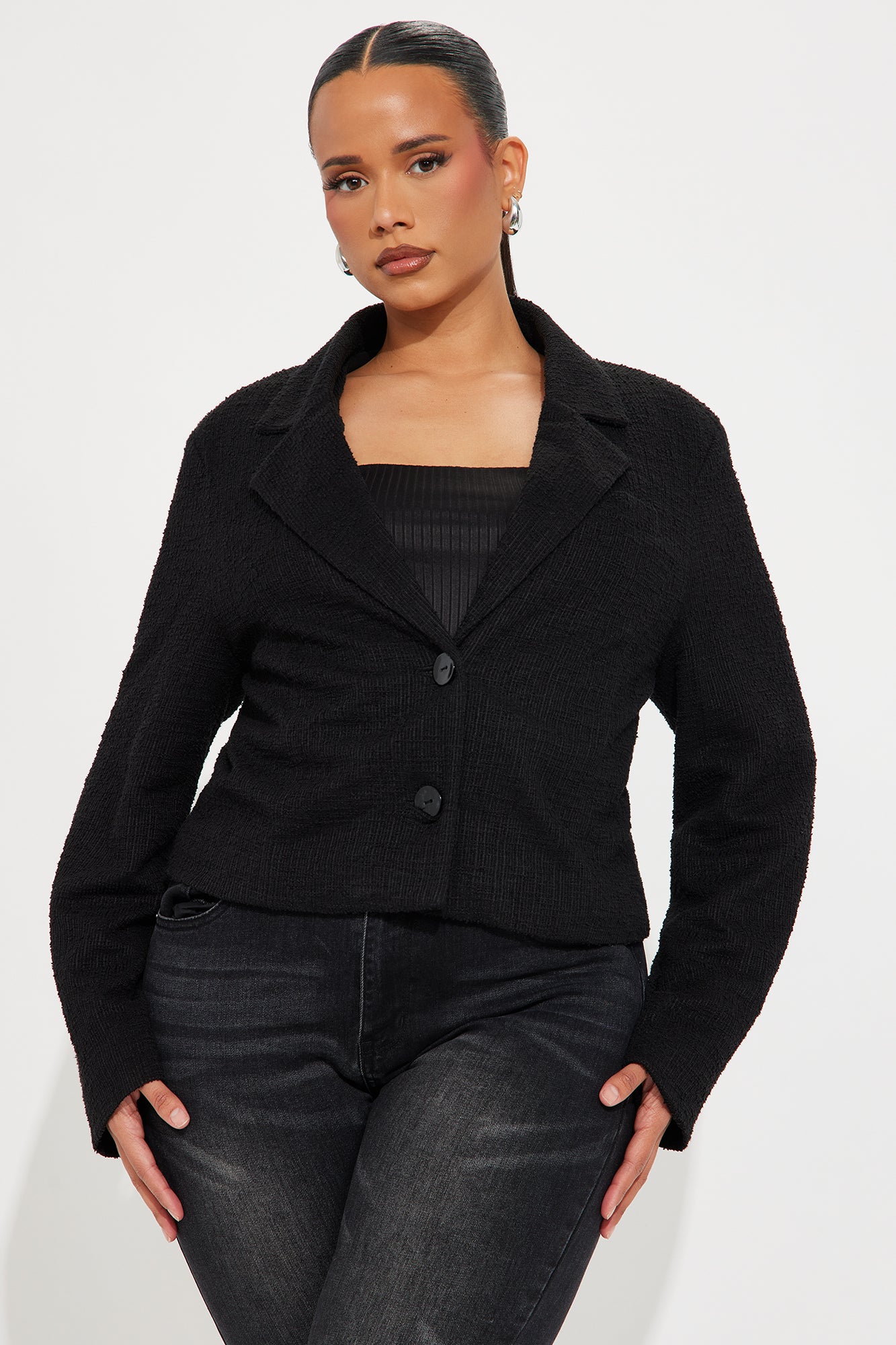 Dana Cropped Solid Tweed Blazer - Black - Image 4