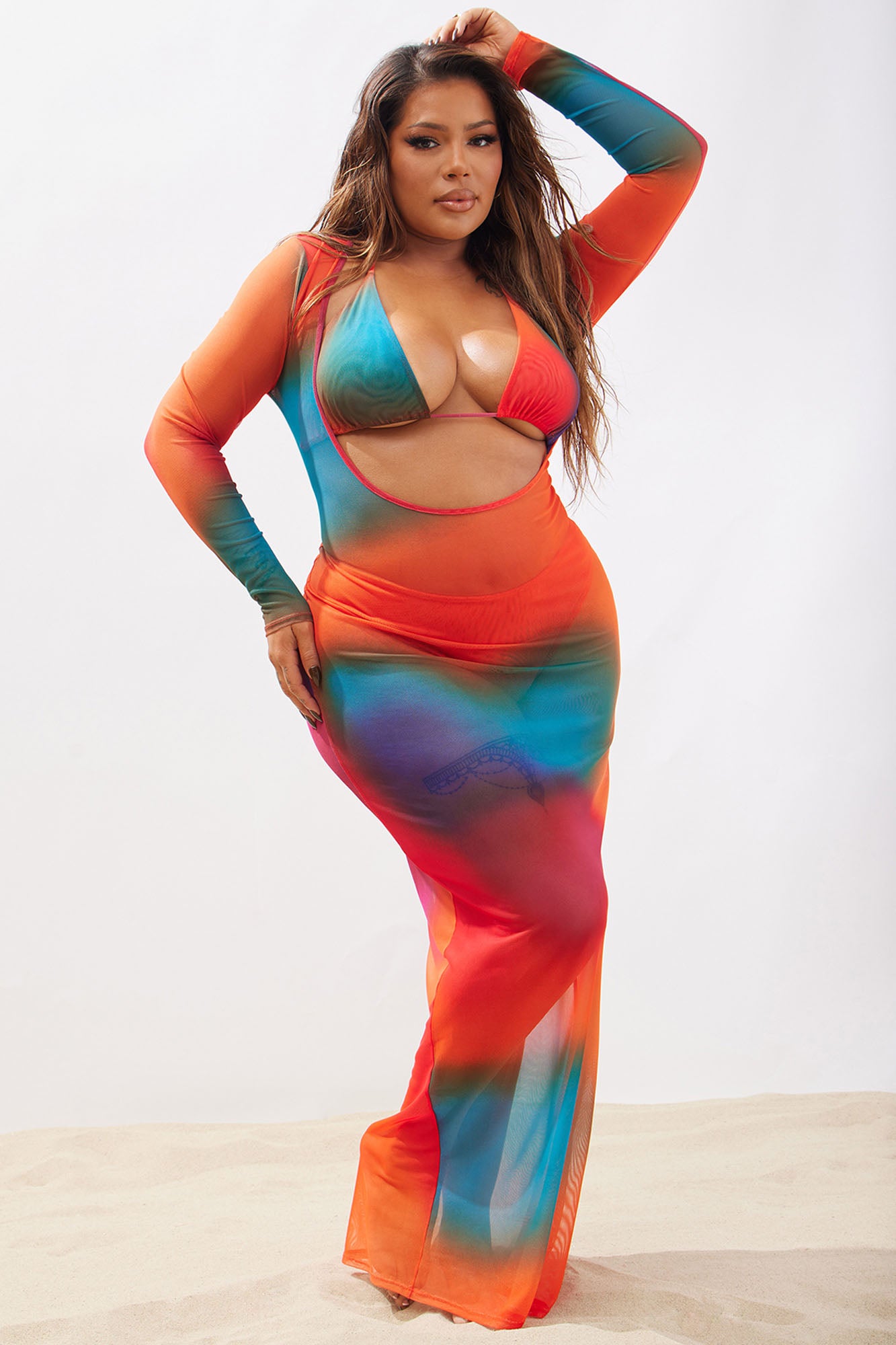 Summers In Tulum Mesh 3 Piece Sunsuit Set - Orange/combo - Image 6