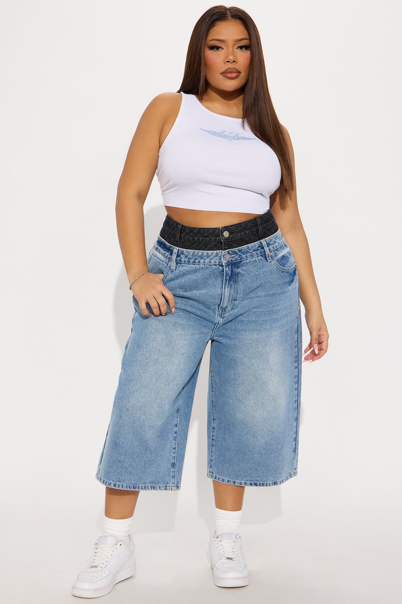 Teigen Non Stretch Double Waistband Denim Jorts - Medium Wash - Image 4