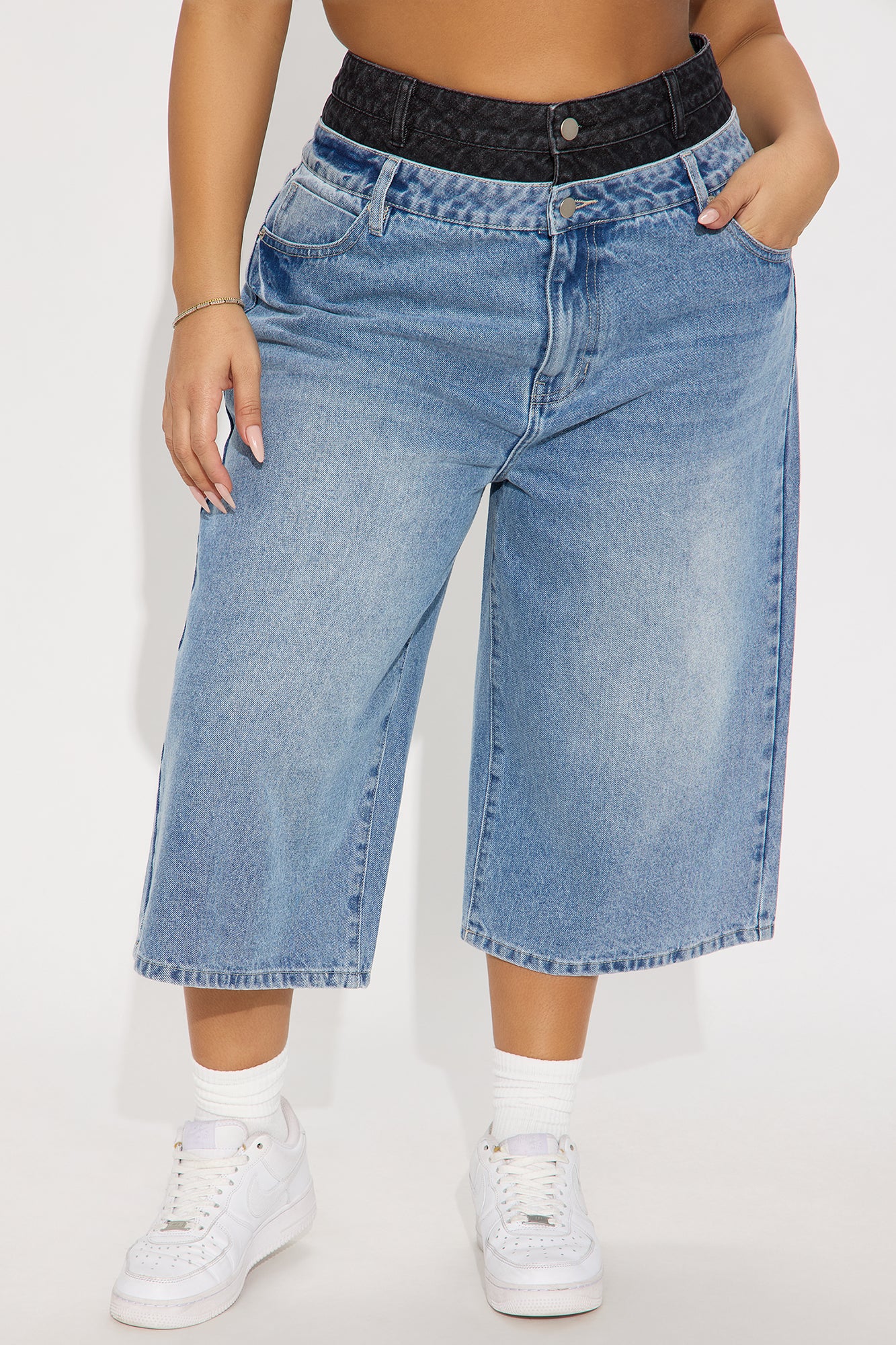 Teigen Non Stretch Double Waistband Denim Jorts - Medium Wash - Image 5