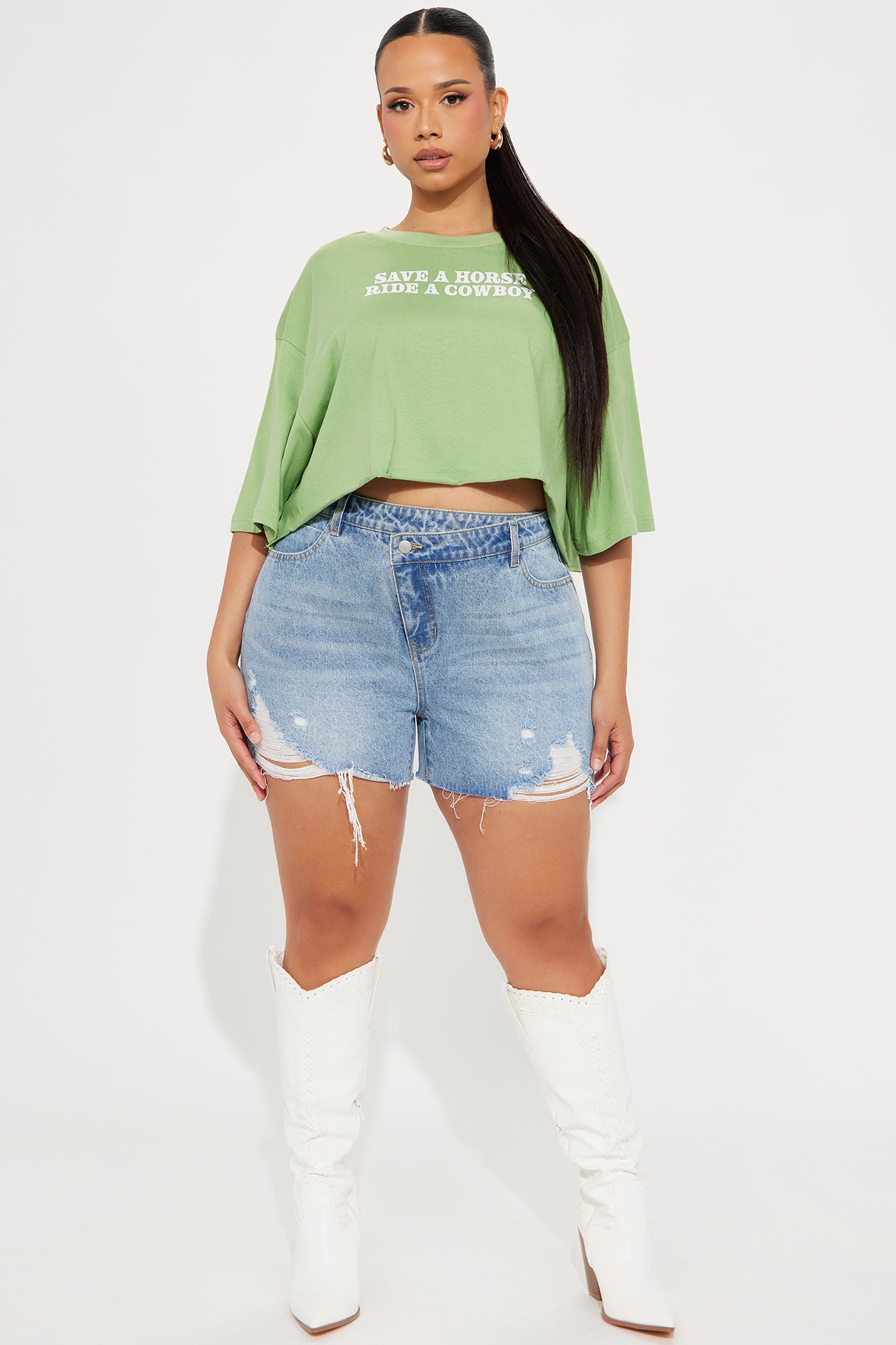 Out Of Line Ripped Crossover Denim Shorts - Medium Wash - Image 4